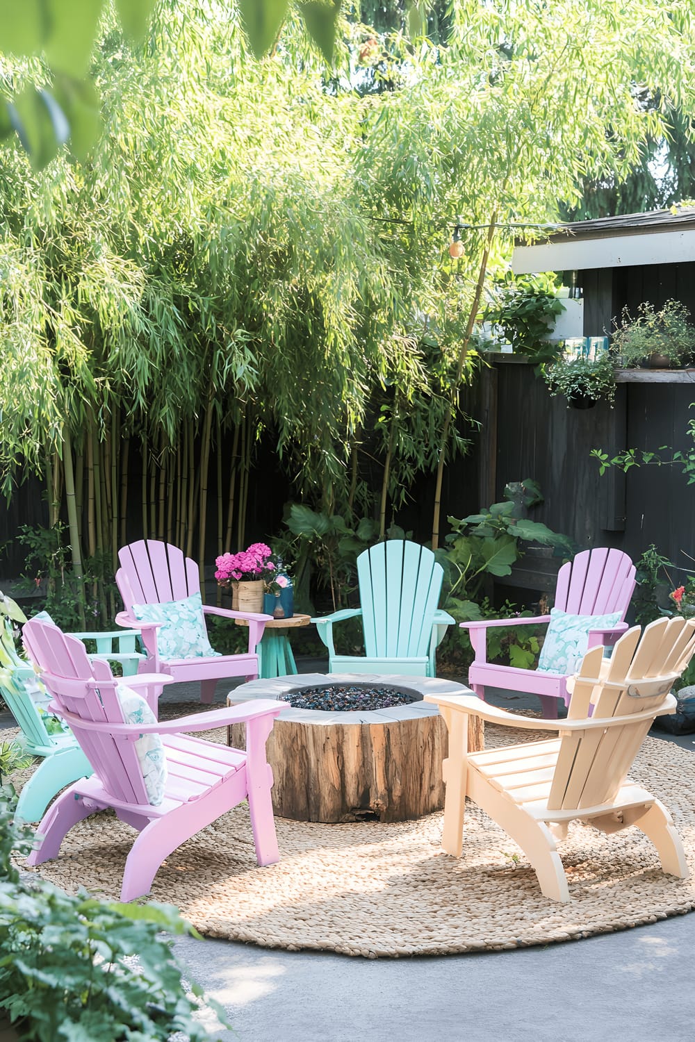 A simple, budget-friendly backyard setup featuring pastel-colored Adirondack chairs arranged around a round stone fire pit on an outdoor rug. Encircling the area are bamboo plants in pots and a variety of lush greenery. A natural wooden stump and side tables display brightly colored potted plants.