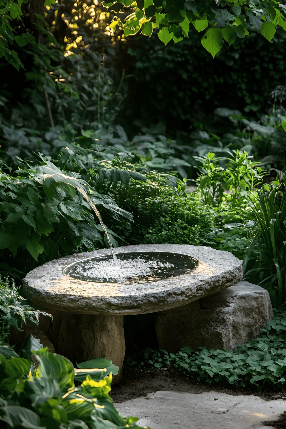 A tranquil outdoor space featuring a small stone fountain, with water flowing from a naturalistic structure among lush vegetation. An elegant stone bench sits close to the fountain, inviting relaxation. The garden is bathed in a soothing, golden afternoon glow.