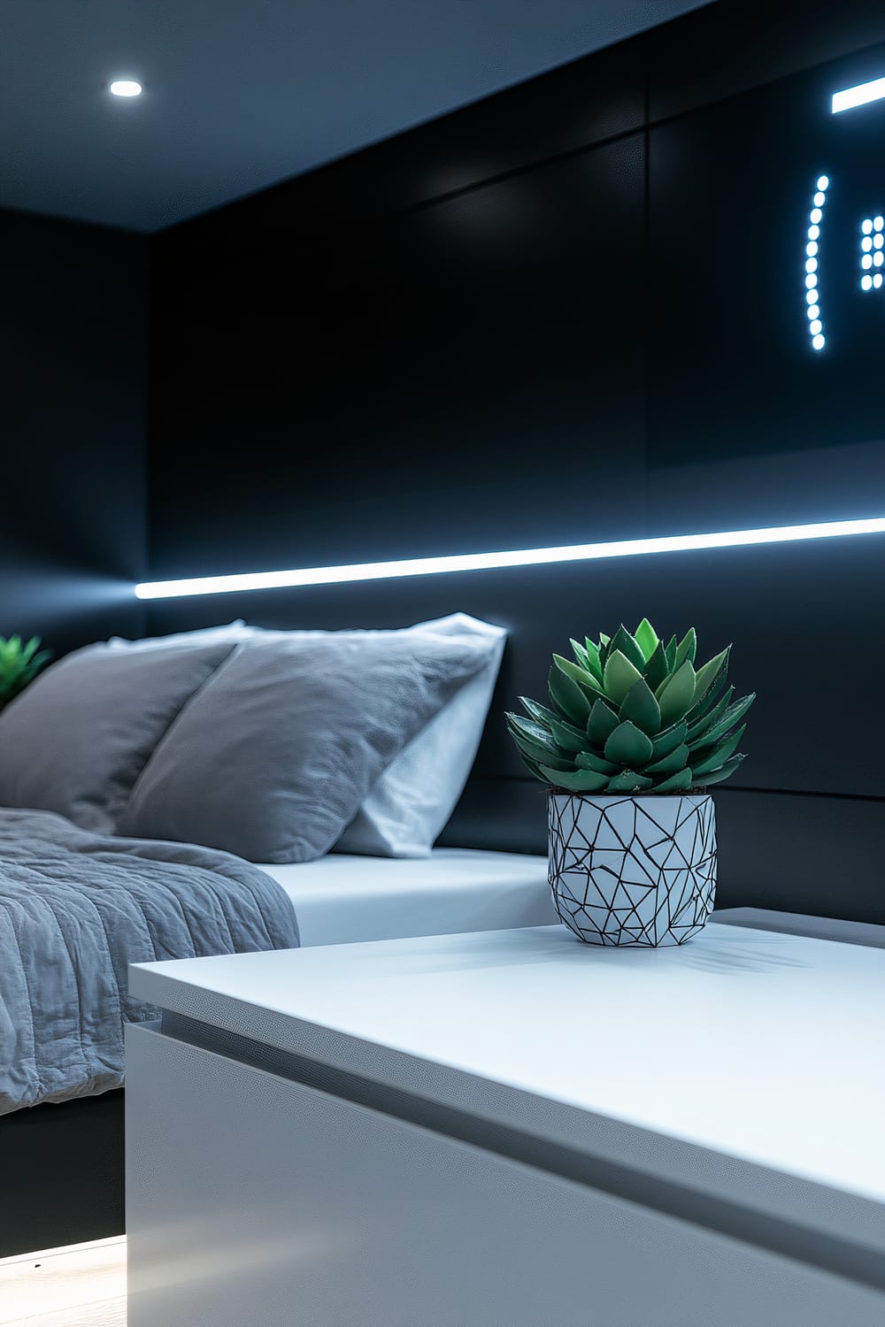 A minimalist bedroom with black walls, a white bed, and silver accents is shown. Two potted succulents in geometric pots sit on white nightstands. A strip of cool white LED lighting runs horizontally along the black wall above the bed, with a large digital clock display partially visible on the right side.