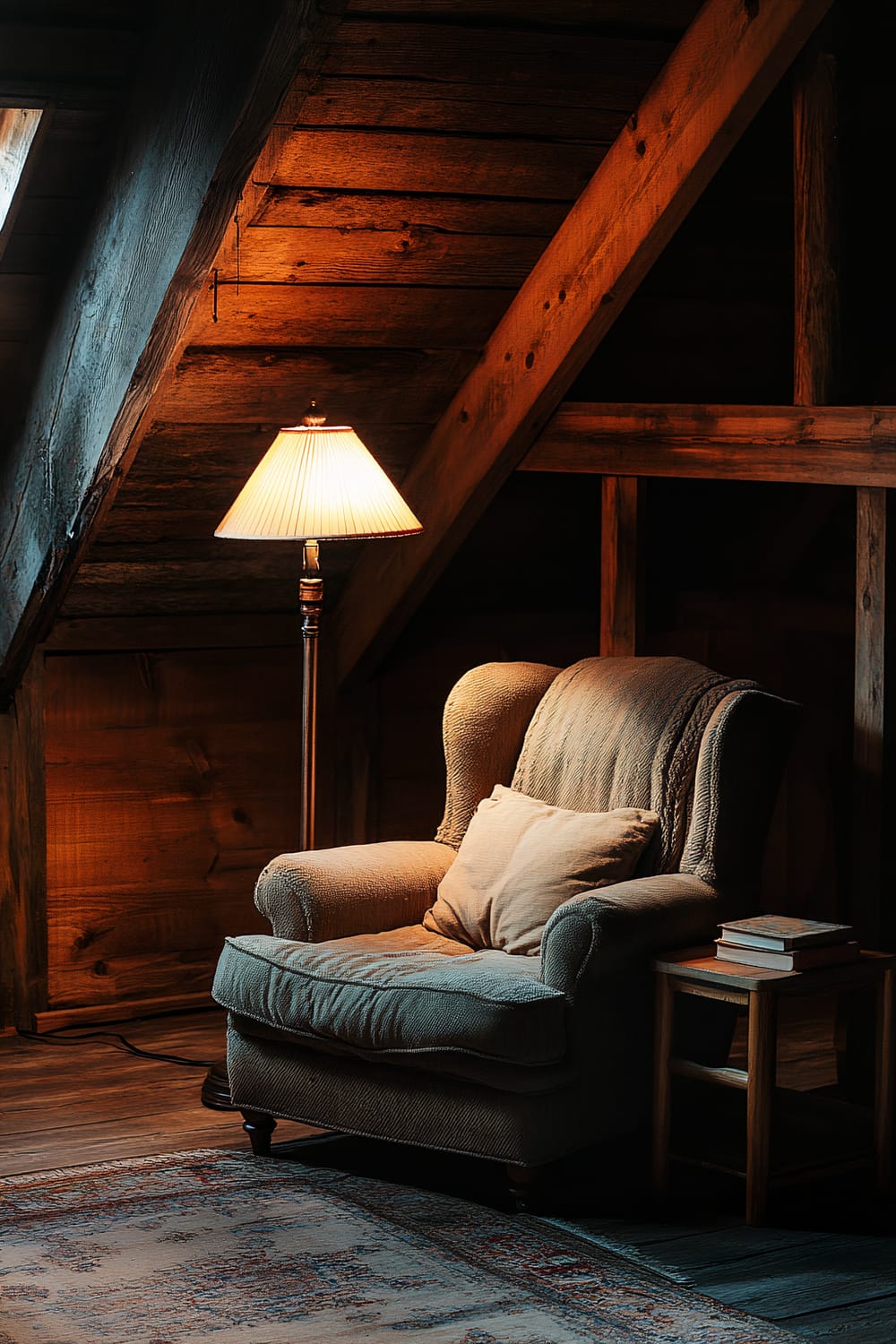 A cozy corner in a pole barn loft featuring a plush armchair, a standing lamp with a warm glow, a small wooden side table with a single book, all enclosed by wooden walls and ceiling beams.