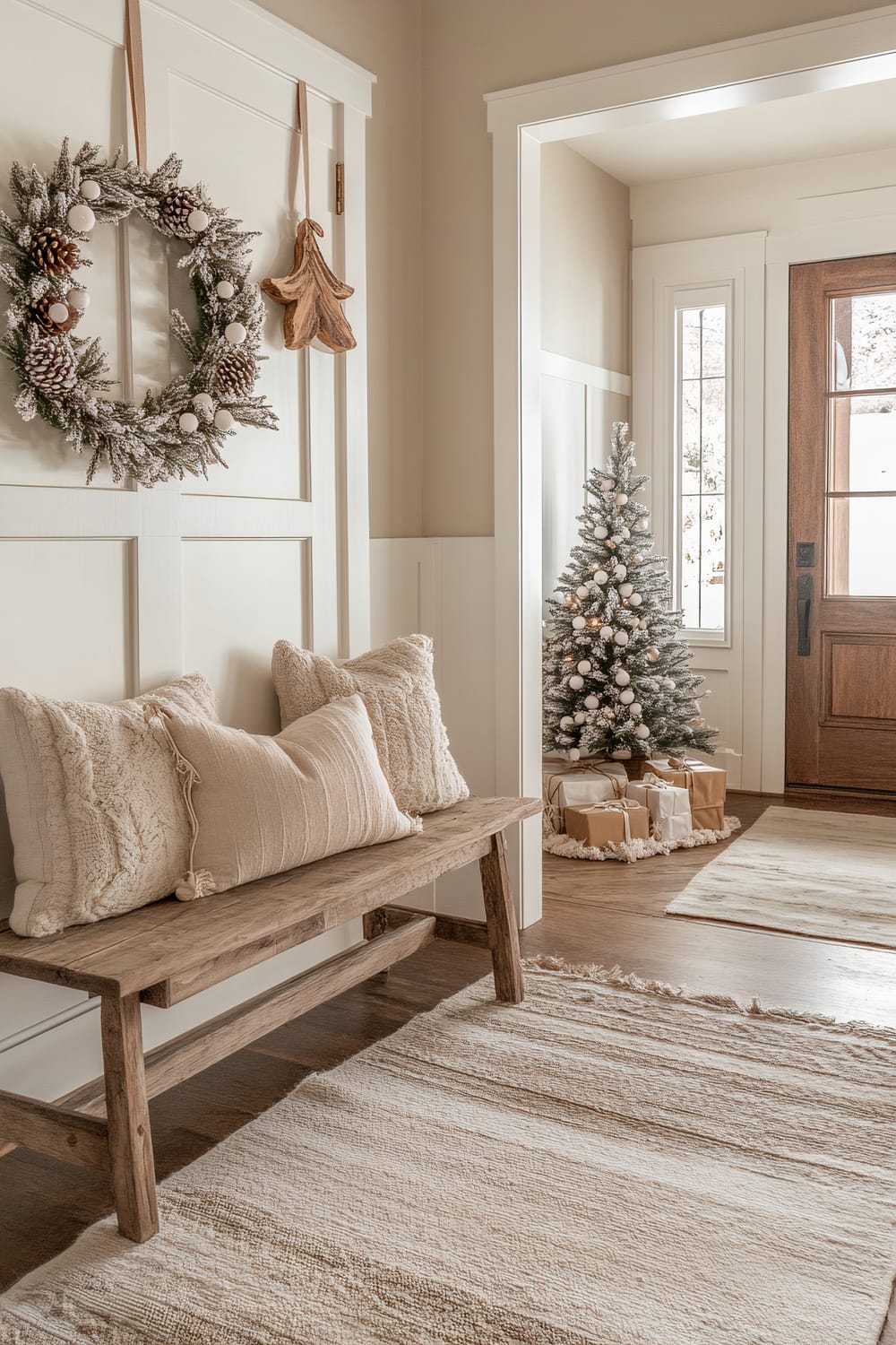 A serene entryway is styled for the holiday season. To the left is a rustic wooden bench adorned with beige, textured throw pillows. Above the bench hangs a festive wreath and decorative wooden stars. In the entryway ahead, a small Christmas tree is decked with white ornaments and lights, with wrapped presents underneath. A wooden door with glass inserts lets in natural light, highlighting the neutral-colored walls, wainscoting, and a striped beige rug on the wooden floor.