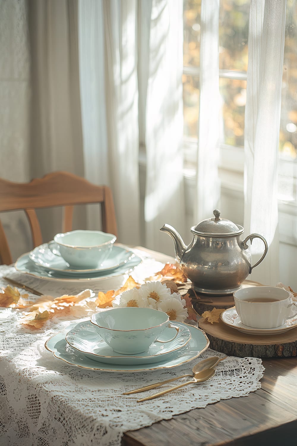 A vintage-inspired Thanksgiving breakfast table is set with pastel blue porcelain plates and bowls, accented with antique gold flatware and white lace table runners. A vintage silver teapot serves as the centerpiece, surrounded by small pastel bouquets and rustic wooden slices adorned with scattered autumn leaves. Soft morning light filters through sheer curtains, casting a warm glow over the charming, uncluttered scene.