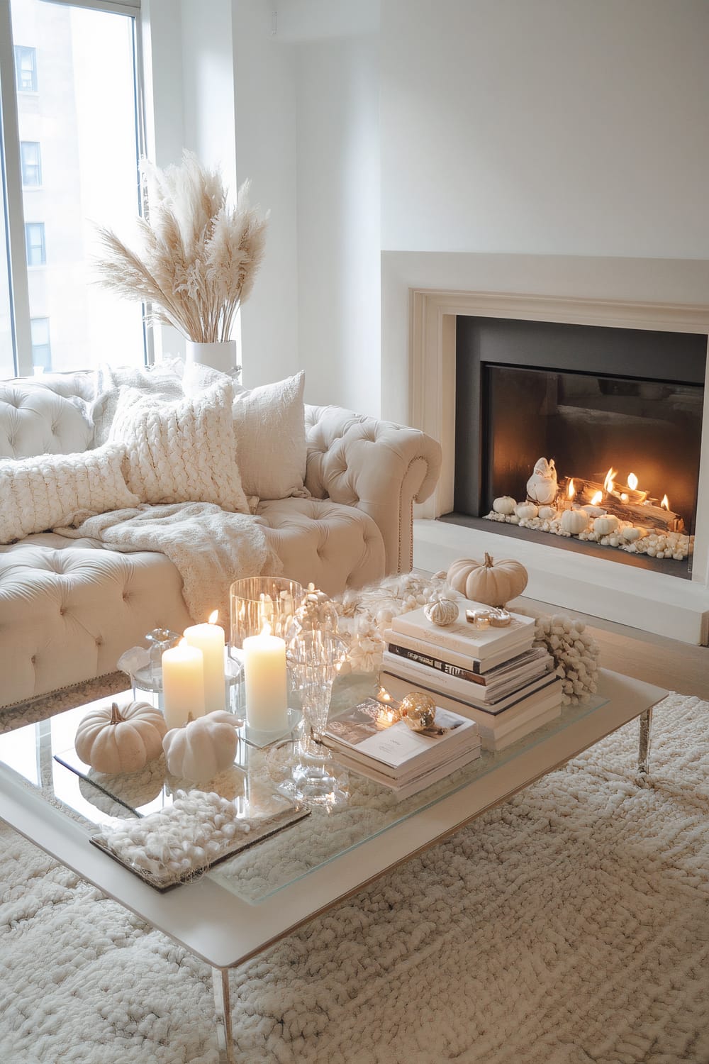 A luxurious living room features a tufted beige sofa adorned with a chunky knit throw and various white pillows. A modern glass coffee table displays an arrangement of white pumpkins, stacked books, and lit white candles. Nearby, a vase filled with pampas grass adds a natural element. In the background, a fireplace with a crackling fire is decorated with white pumpkins on its hearth, creating a warm and inviting atmosphere.