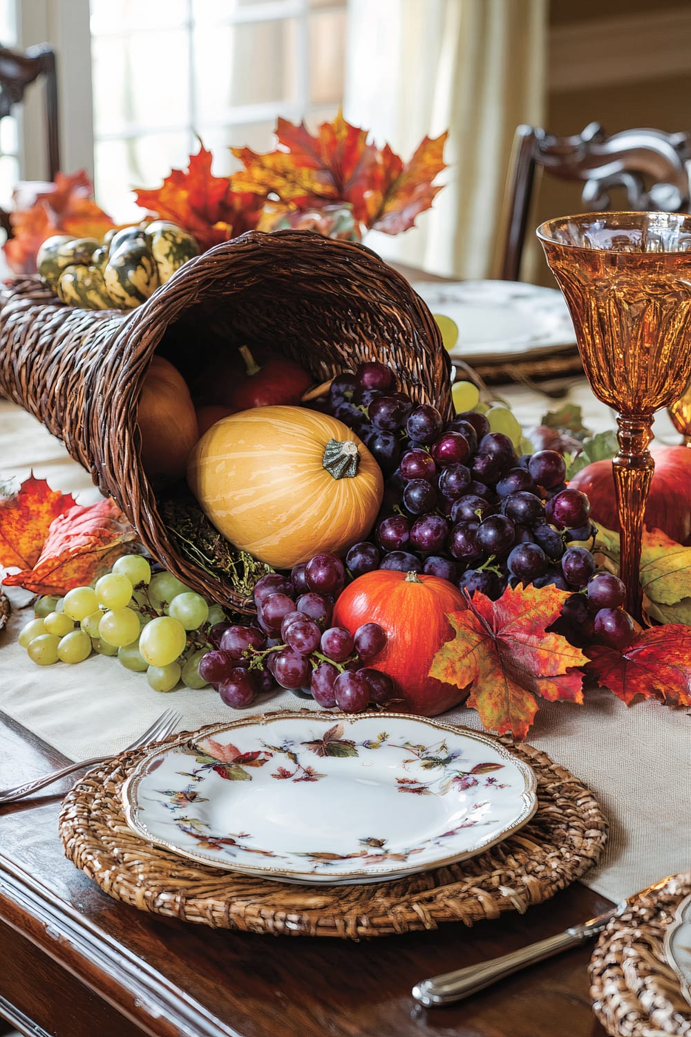 An elegantly set dining table features a cornucopia centerpiece filled with gourds, green and purple grapes, a red apple, and vibrant autumn leaves. The table is adorned with amber-colored goblets and beautifully decorated plates with floral autumn motifs set on wicker placemats. The backdrop includes large windows illuminating the space with natural light.