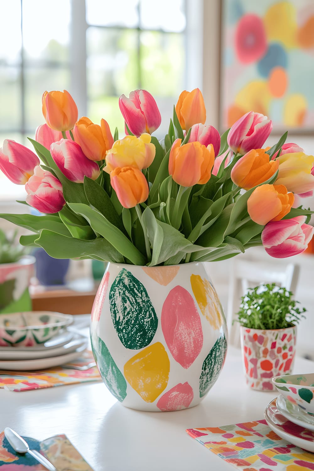 A vibrantly decorated table featuring a large, hand-painted ceramic vase with bold, abstract mural designs, holding a bouquet of bright tulips in varied shades of orange, pink, and yellow. The vase is surrounded by patterned ceramic plates echoing the mural motifs and small potted herbs. The entire setup is placed on a white table covered by a vivid, multi-colored table runner which matches the overall color scheme of the centerpiece. The whole scene is bathed in bright, even lighting, making the vivid colors and artistic patterns truly stand out.