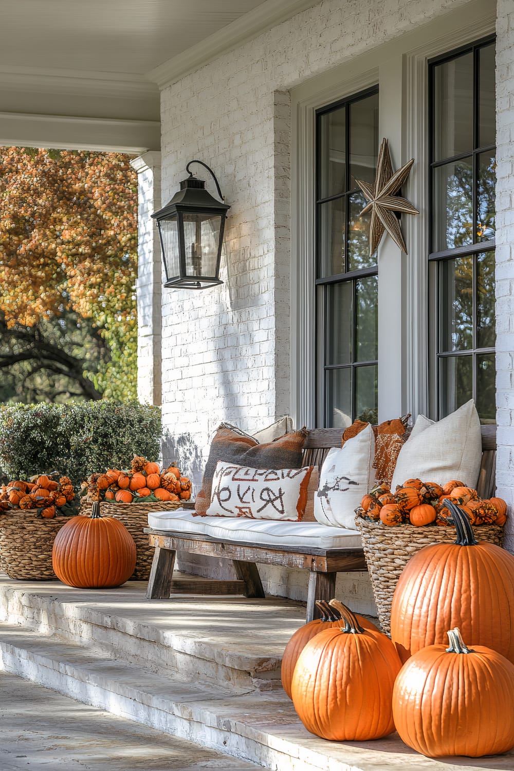 An inviting autumn-themed porch is decorated with several pumpkins and baskets filled with smaller gourds. A bench sits against the white brick wall, adorned with a variety of decorative cushions in fall colors. A large lantern-style light fixture hangs on the wall, and a wooden star decoration is mounted near the window, which has black framing. Seasonal foliage can be seen in the background.