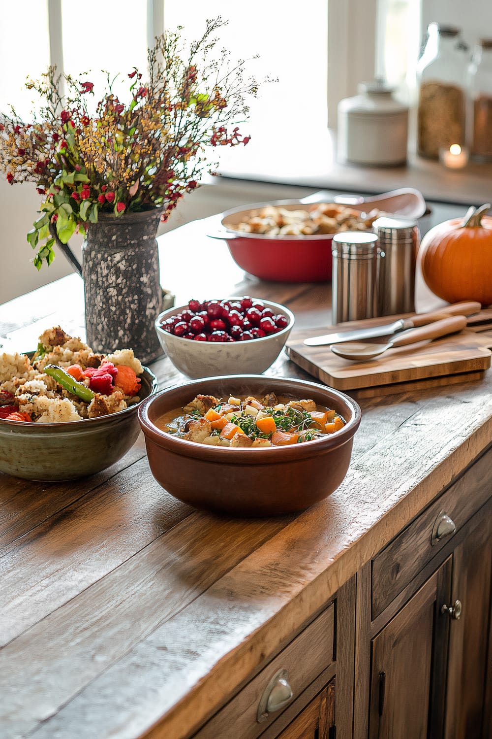 A vintage farmhouse kitchen setup featuring a large wooden island. On the island are three ceramic bowls with creamy butternut squash soup, herb stuffing, and roasted root vegetables. Two vintage wooden spoons rest beside the bowls. A deep red vase with dried flowers and a copper green decorative bowl with fresh cranberries are also on the island. There are two vintage glass mugs filled with pumpkin spice lattes and a metallic silver candle holder. Natural light streams through a window, illuminating the scene.