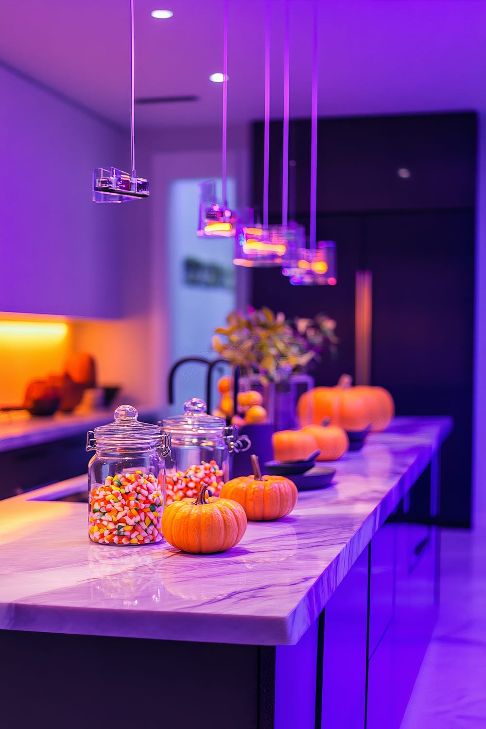 A kitchen island adorned with Halloween-themed decorations is prominently featured. The island has a polished marble countertop decorated with small pumpkins and glass jars filled with candy corn. Above the island, a series of modern pendant lights emit a purple glow, casting a vibrant, atmospheric illumination over the scene. In the background, warm orange lighting adds a cozy contrast to the predominantly purple-lit environment.