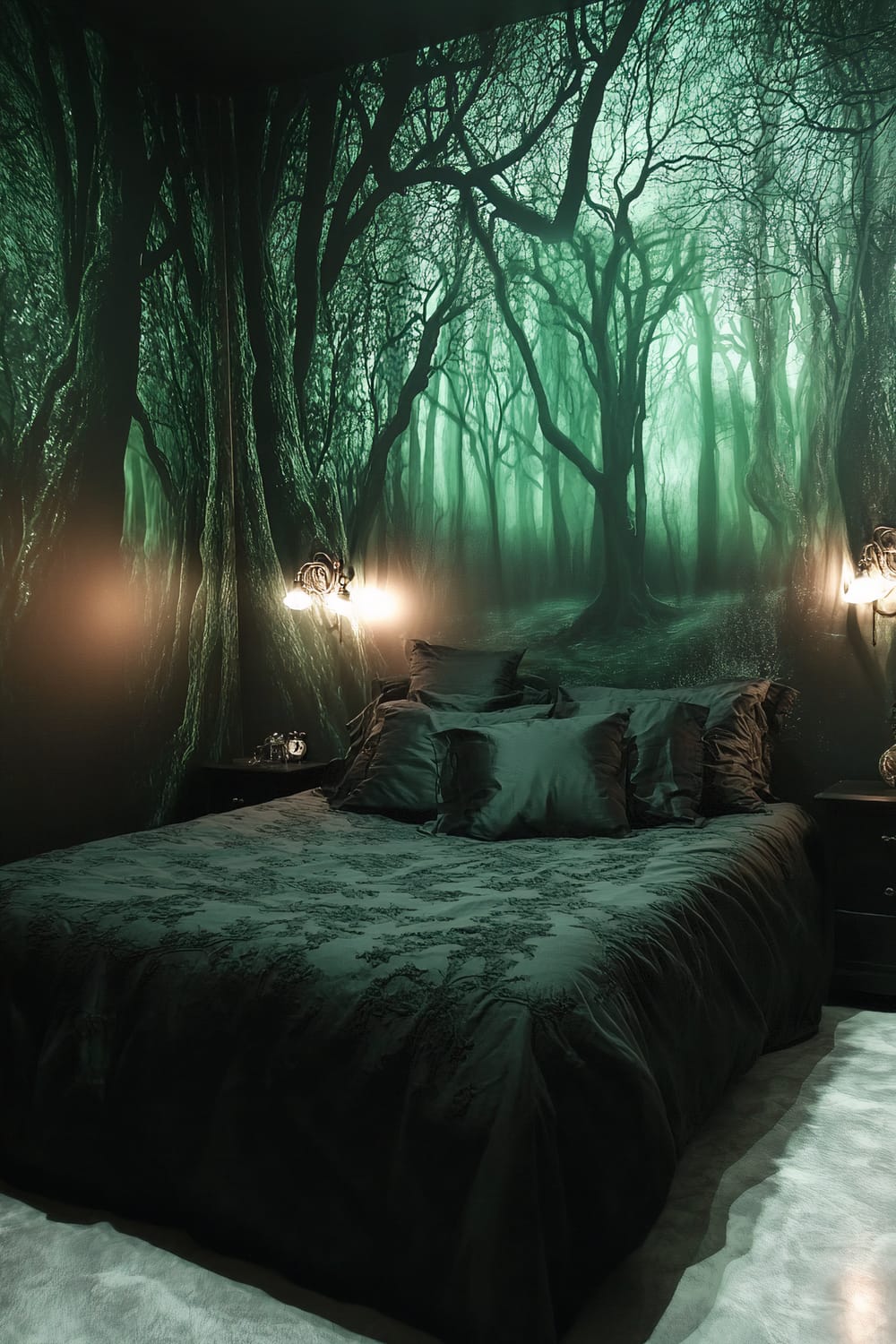 An interior of a bedroom featuring a striking mural of a haunted forest on the wall behind the bed. The mural showcases dark, dense trees with intertwined branches, illuminated with shades of green to create a mystical atmosphere. The bed is dressed in black bedding with intricate patterns and complemented by soft pillows. Warm lighting from two wall-mounted lamps on each side of the bed accentuates the eerie artwork on the wall. Minimalist black nightstands are placed on either side of the bed, adding to the room's minimalist yet enchanting design.