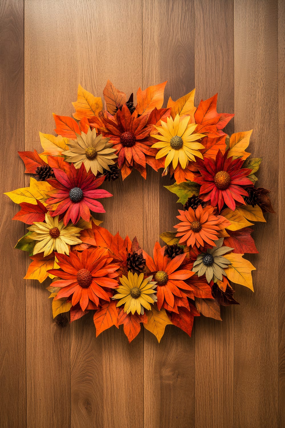 A vibrant autumn wreath adorns a wooden wall. The wreath is composed of various faux flowers and leaves in rich fall colors, including reds, oranges, and yellows. Pinecones are also interspersed among the flowers to enhance the autumnal theme. The wooden wall has a smooth, polished texture with natural wood grain visible.