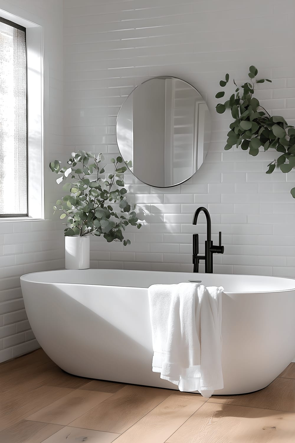 A guest bathroom that exudes luxury through its white subway tiled walls, light oak flooring, wall-mounted vanity with a marble countertop, sleek black framed mirror, and a freestanding bathtub. The vanity holds a white ceramic soap dispenser and a small potted eucalyptus plant. The large round mirror reflects natural light around the room from a frosted window. On the bathtub, a white linen towel is neatly draped.