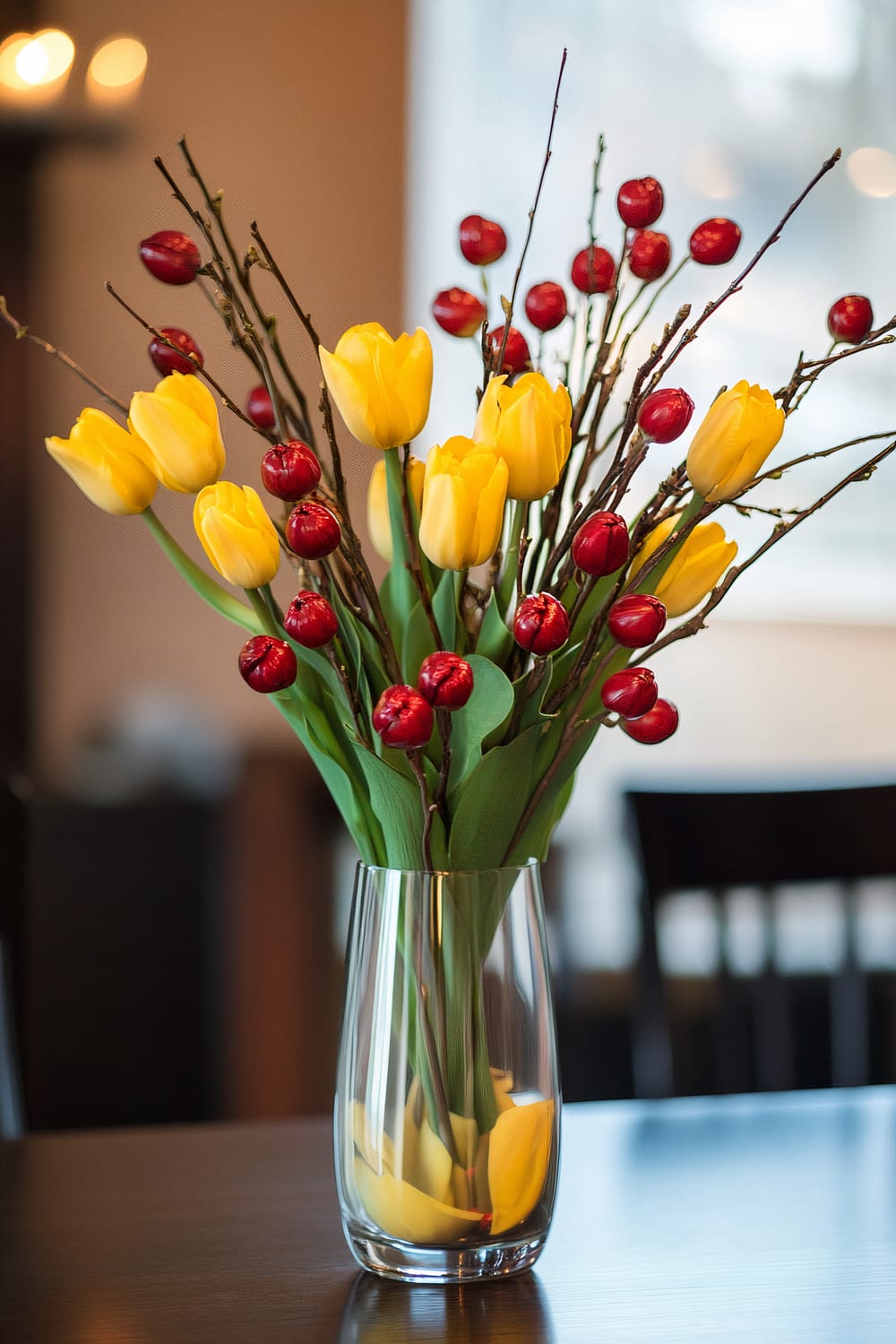 A vase filled with vibrant yellow tulips and red berries arranged artfully in a clear glass vase on a dark wooden table. The background is softly blurred with warm lighting from a window and an out-of-focus chair.