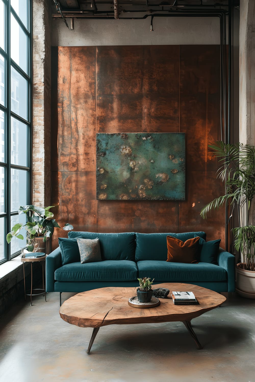 A modern living room that includes a teal velvet sofa, a reclaimed wood coffee table, and a copper-toned wall. A unique Staghorn Fern is hung like artwork on the wall. Floor-to-ceiling windows fill two walls of the space, allowing for a bright, natural light illuminating the room.