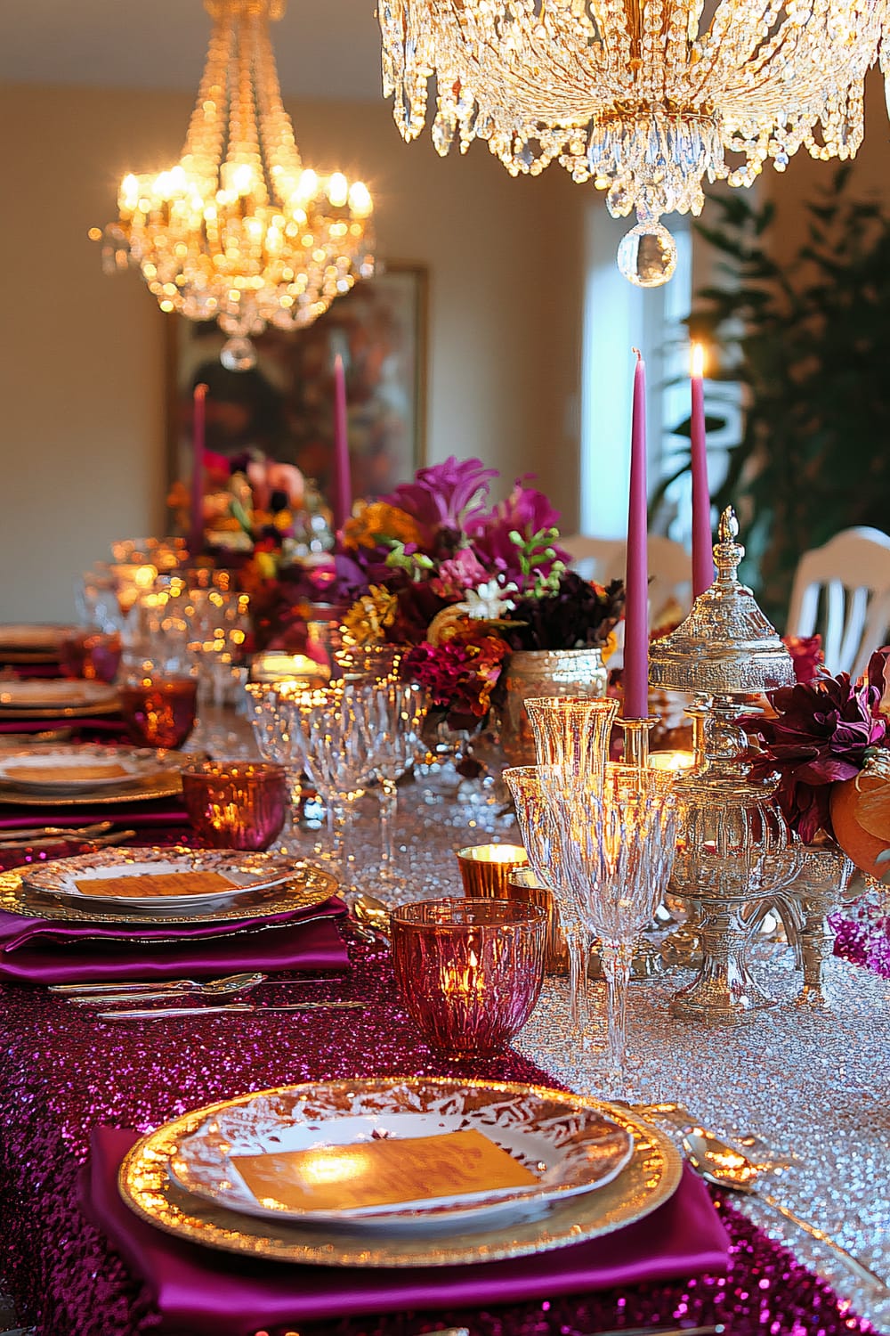 A luxurious Thanksgiving table decorated with a vibrant combination of magenta, gold, and crystal elements. The setting features sequined table runners, crystal glassware, ornate candle lanterns, tall magenta candles, and two grand crystal chandeliers hanging above. The table is adorned with floral arrangements in shades of magenta and orange, set against fine china and gold-accented dinnerware.