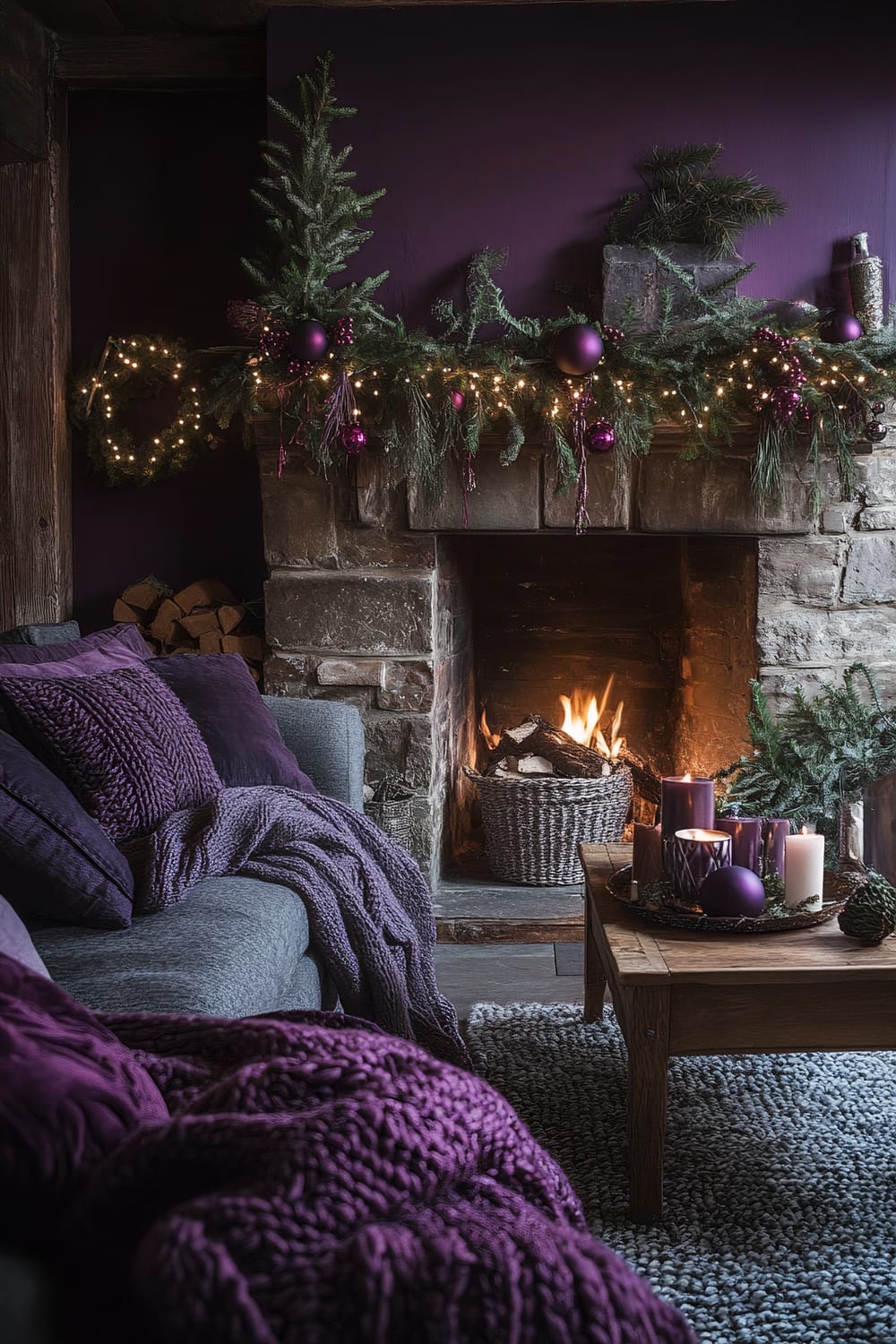 A cozy living room with a lit fireplace adorned with a lush garland decorated with purple ornaments and twinkling lights. A comfortable gray sofa is accessorized with thick, purple knit blankets and cushions, facing a wooden coffee table with purple and white candles, creating a warm and festive ambiance.