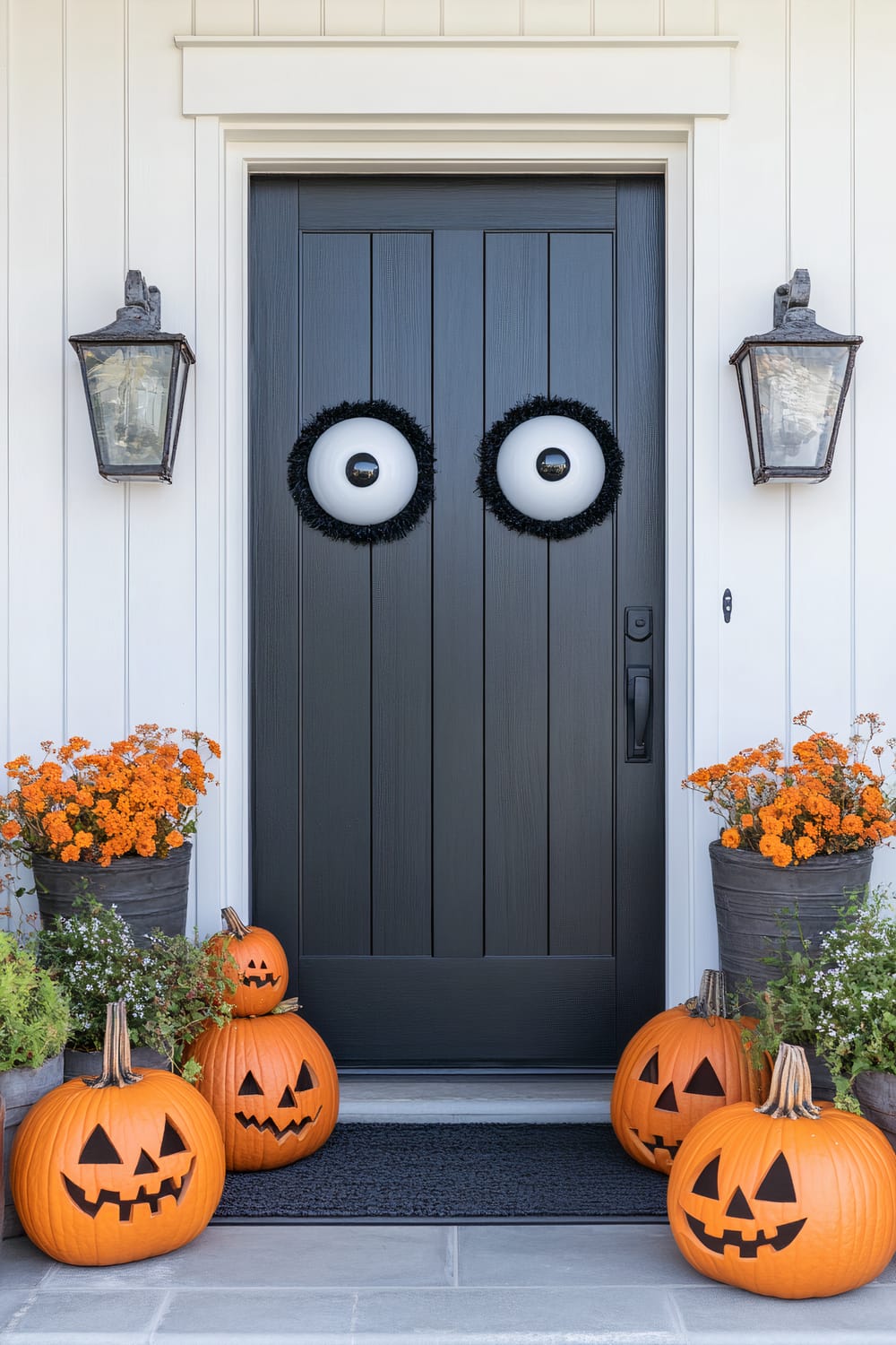 This image shows a Halloween-themed front door decorated with large, circular eyes and surrounded by carved pumpkins with jack-o'-lantern faces. Orange flowers in gray planters add to the festive look. The door is dark-colored with vertical panels and flanked by two rustic lanterns.