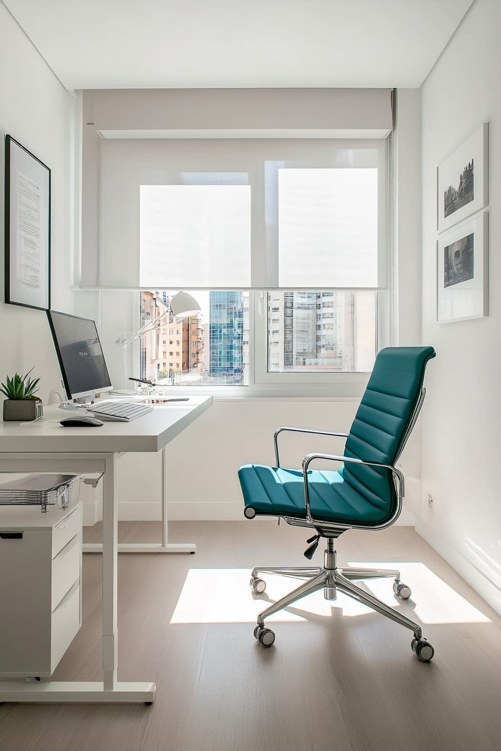 An office space with a modern, minimalist design. A white desk with a desktop computer, keyboard, and a small plant on it is positioned near a window with white roller blinds. A sleek green office chair with metal armrests and a wheeled base is placed in front of the desk. The room has light-colored wooden flooring, and monochromatic framed artwork is mounted on the white walls.