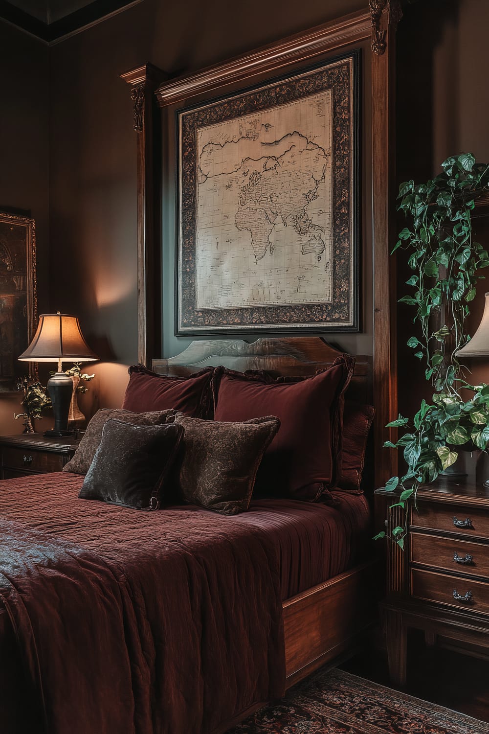 A dark academia inspired bedroom featuring a wooden canopy bed dressed in deep burgundy linens with multiple pillows in shades of burgundy and brown. The bed is flanked by antique-style lamps on dark wooden nightstands. There is a large vintage map mounted on the dark brown wall above the headboard. A potted ivy plant is placed on a vintage desk beside the bed. The overall ambiance is rich and scholarly.