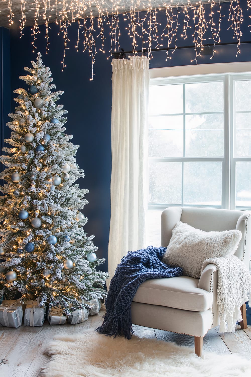 Cozy corner of a living room with a white armchair, draped with blue and white knitted blankets, placed on a white fur rug. Next to the armchair is a snow-dusted Christmas tree decorated with blue and silver baubles and white fairy lights. The ceiling is adorned with a cascade of twinkling string lights. A large window with white curtains allows soft daylight to illuminate the space.