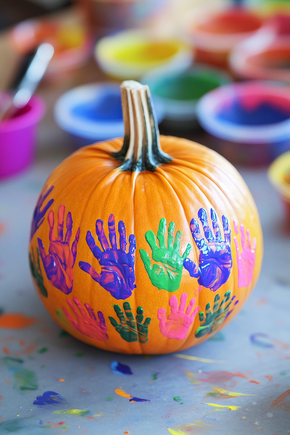 A pumpkin with colorful handprints painted on its surface. The pumpkin is set on a table with various bowls of brightly colored paint in the background, including blue, yellow, green, and red. The table has scattered paint splatters around the pumpkin.