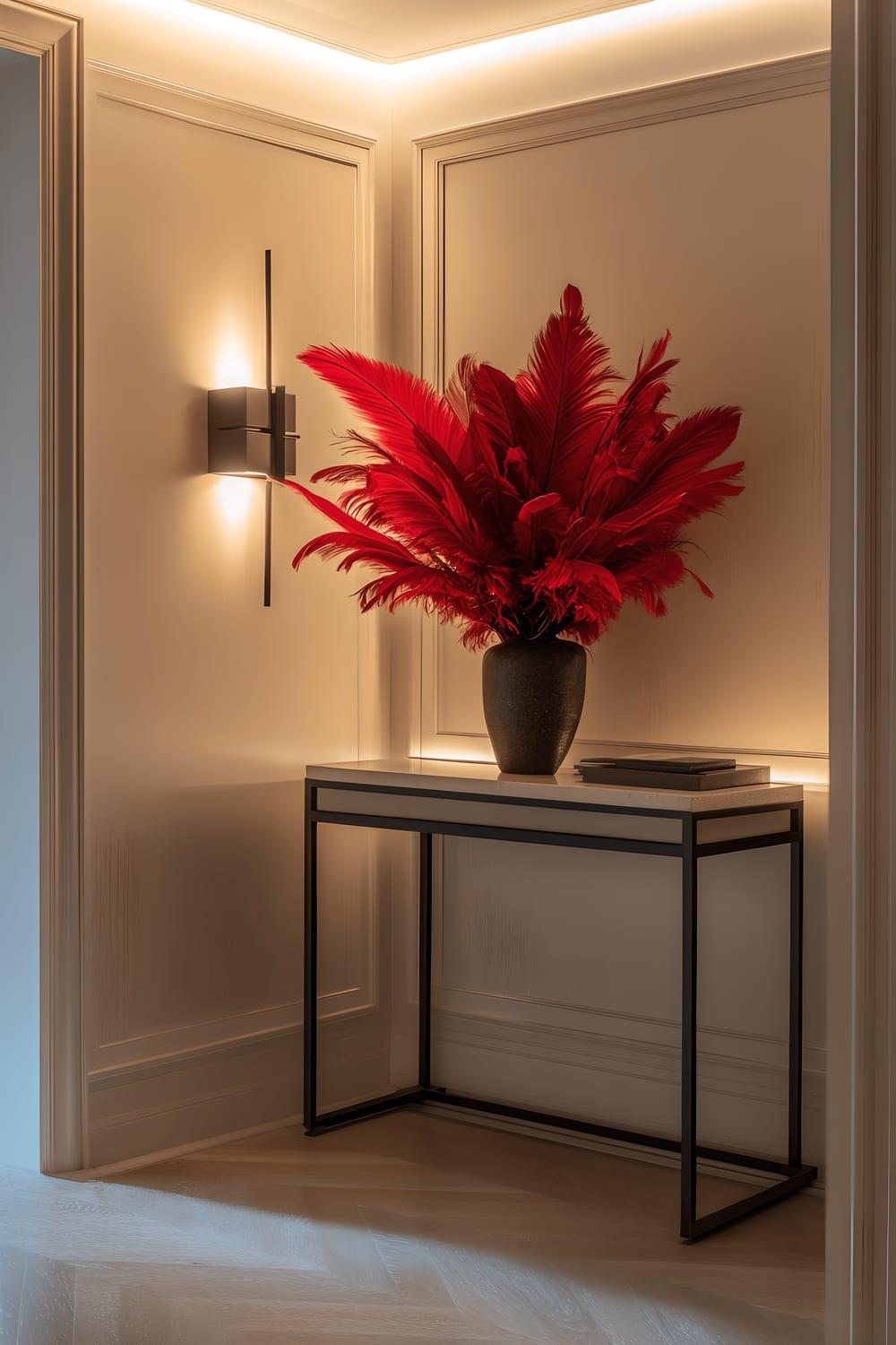 A stylish entryway with a console table displaying a large red feather arrangement. The console table features modern, simple design. The scene is bathed in warm, diffused light.