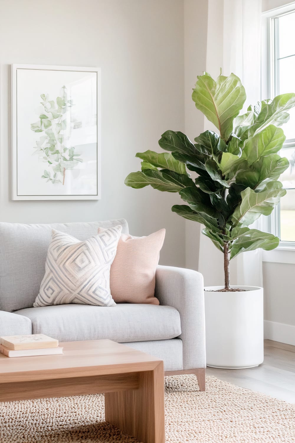 A modern living room with light gray walls and a large window. The room features a gray sofa with pastel geometric accent pillows, a large potted plant in a white planter, and a wooden coffee table on a woven jute rug. A framed abstract art piece hangs on the wall.