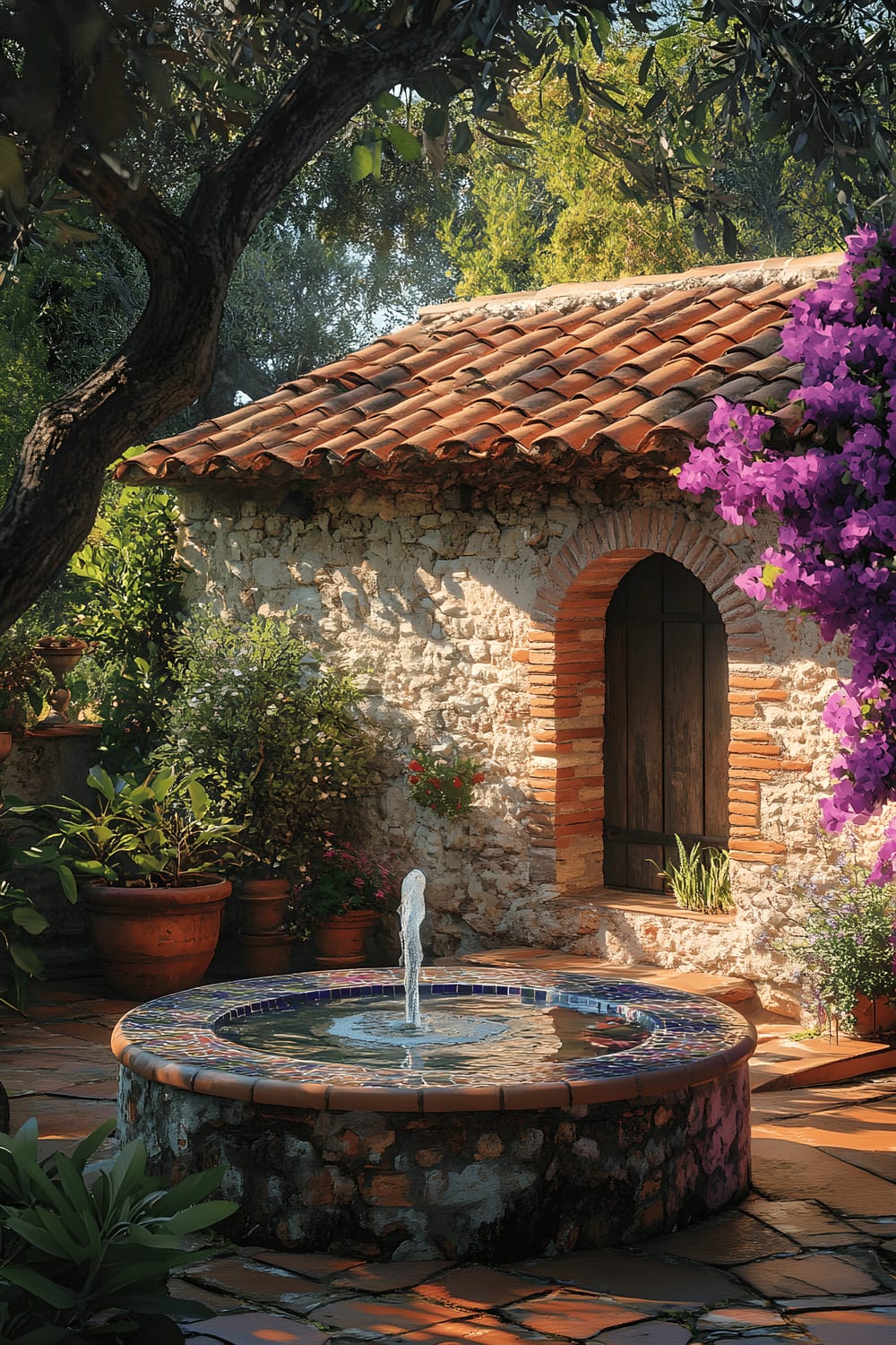 A late afternoon image of a rustic stone shed with terracotta roof tiles, set in a sunlit courtyard with ancient olive trees and lush bougainvillea plants. The focus is on an ornate tiled fountain with gentle water ripples, casting deep, elongated shadows.