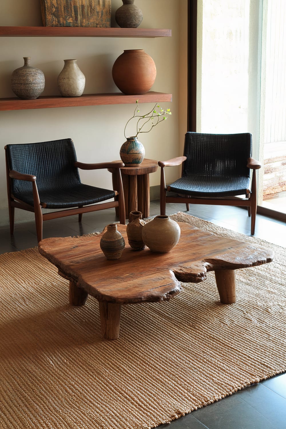 A living room with a handcrafted wooden coffee table centered on a handwoven rug. Two comfortable chairs with ceramic vases on side tables are positioned opposite the coffee table. Minimalist shelves showcasing handcrafted sculptures and vases are on the back wall. Ample natural light filters through large windows, highlighting the artisanal decor and natural materials.