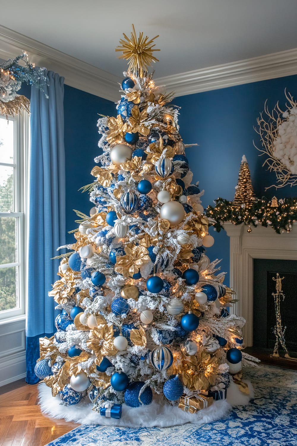 A decorated Christmas tree in a living room with blue walls and curtains. The tree is adorned with blue, white, and gold ornaments, along with white faux snow and gold lights. A star topper sits at the top, and presents wrapped in matching colors are placed at the base. The room features a window with blue drapes, a white fireplace with a garland and decorative items, and a blue and white patterned rug.