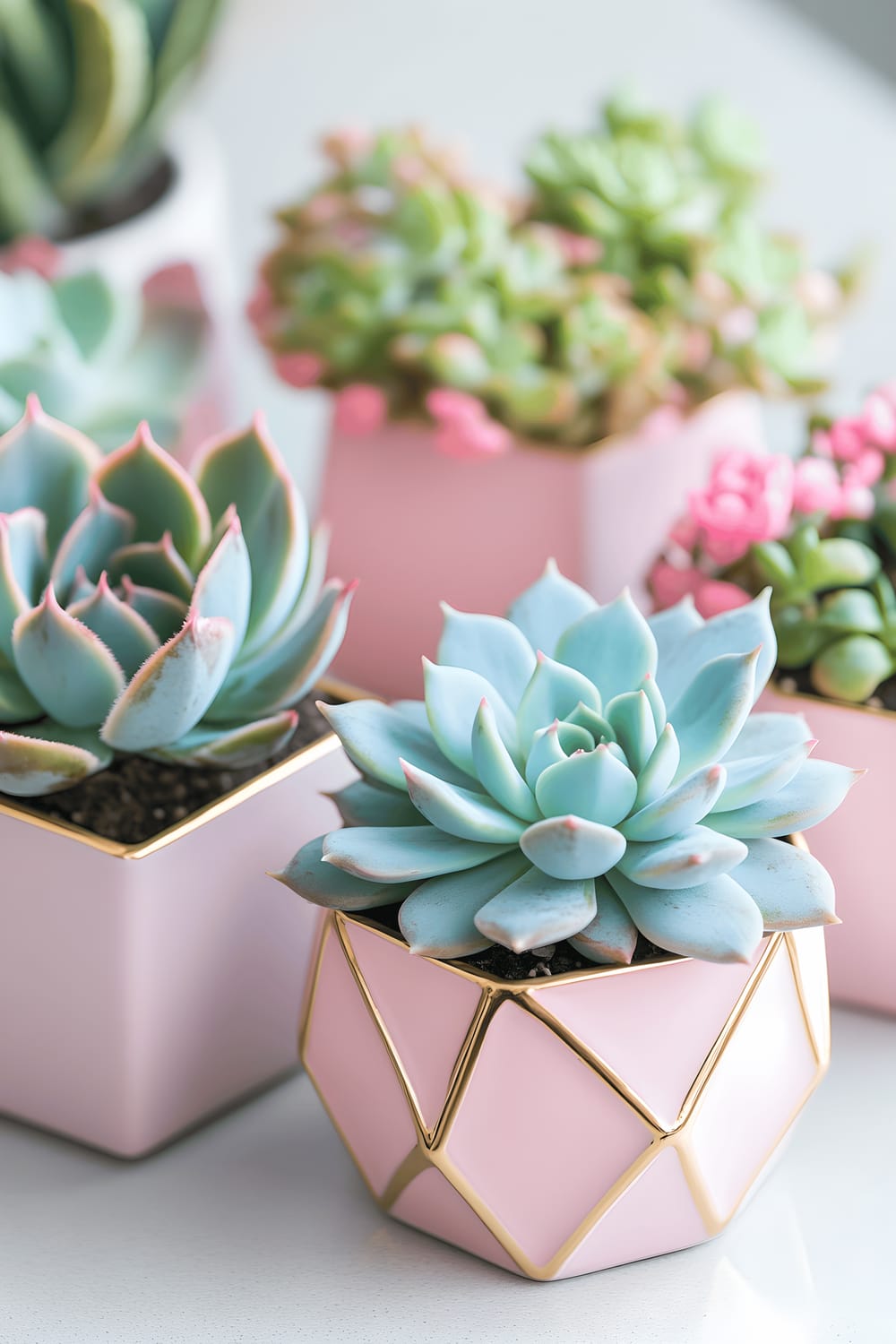 A display of pink gold geometric pots housing teal succulents, arranged in an asymmetrical fashion on a matte white table. The bright pink and teal colors contrast sharply against the neutral background while the soft diffused lighting accentuates the modern, Tokyo-inspired decor.