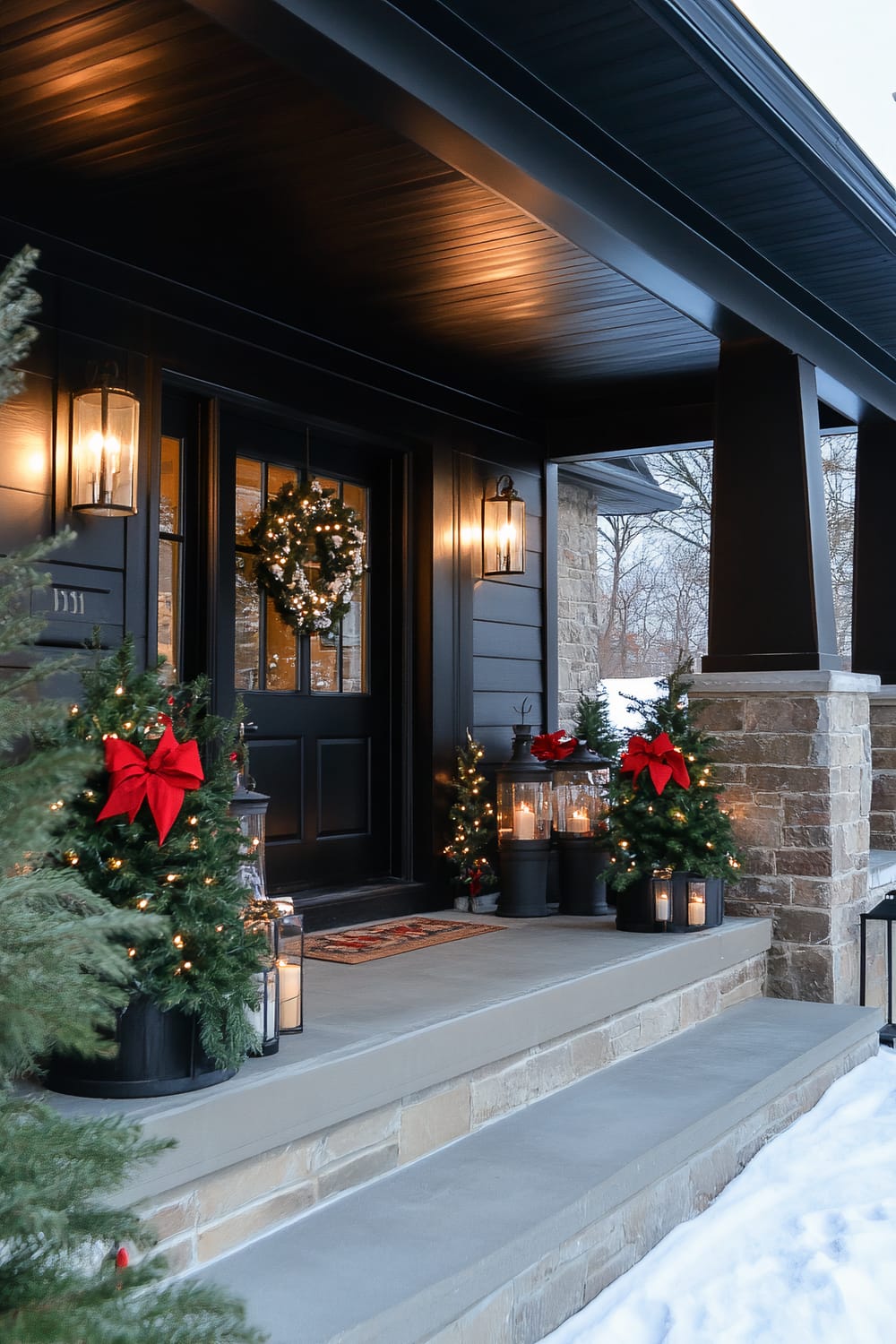 The image showcases a stylish and festive front porch decorated for the holiday season. The black front door is adorned with a wreath illuminated by small white lights. Flanking the entrance are two potted evergreen bushes, each decorated with red bows and similar white lights. Large black lanterns filled with candles are placed strategically around the entryway, adding a warm and inviting glow. The porch features brick pillars and a neatly tiled step, framed by a snow-covered landscape outdoors.