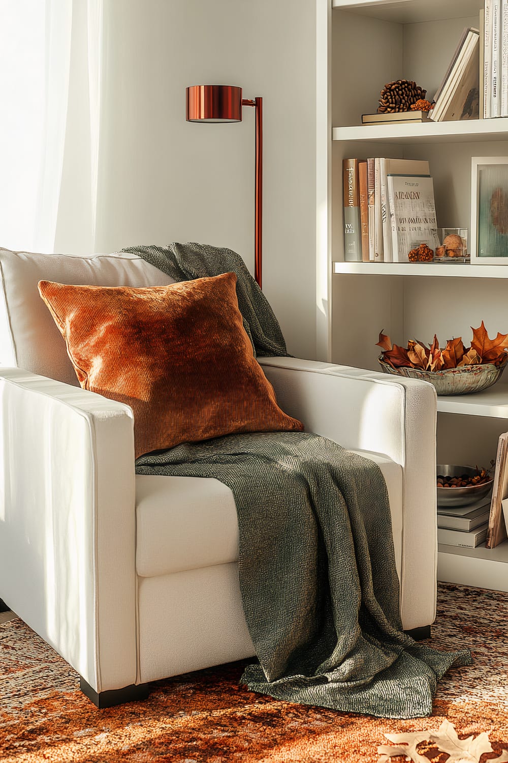 A cozy Friendsgiving-themed reading nook featuring a white armchair with an orange velvet pillow and a green throw blanket. To the right is a white bookshelf holding books with autumn decor, including a bowl with dried leaves and acorns. A deep red reading lamp illuminates the area against a clean white wall.