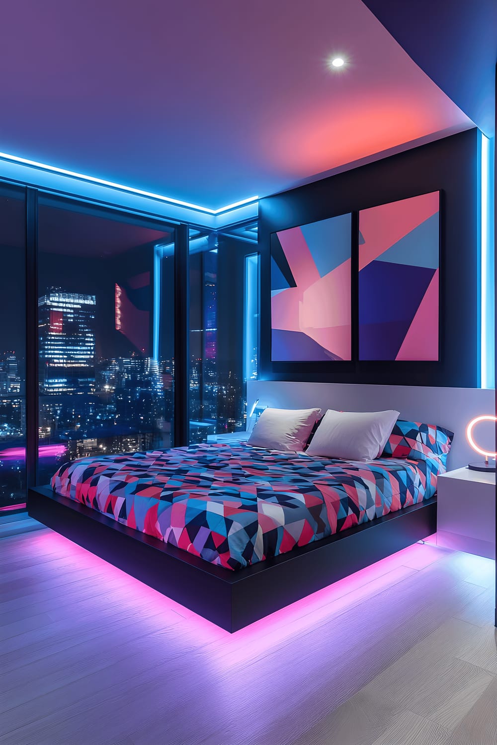 A modern Tokyo bedroom characterized by minimalist design. The room features a black platform bed with neon pink and blue geometric-patterned bedding. By the bed, there is an austere white desk with a neon lamp on it. Above the desk, a monochrome art print is hung on the wall. Floor-to-ceiling windows reveal the radiant cityscape outside, and the effulgent light from it is reflected in the room. Ambient LED lighting intensifies the dynamic and energetic ambiance of the room.