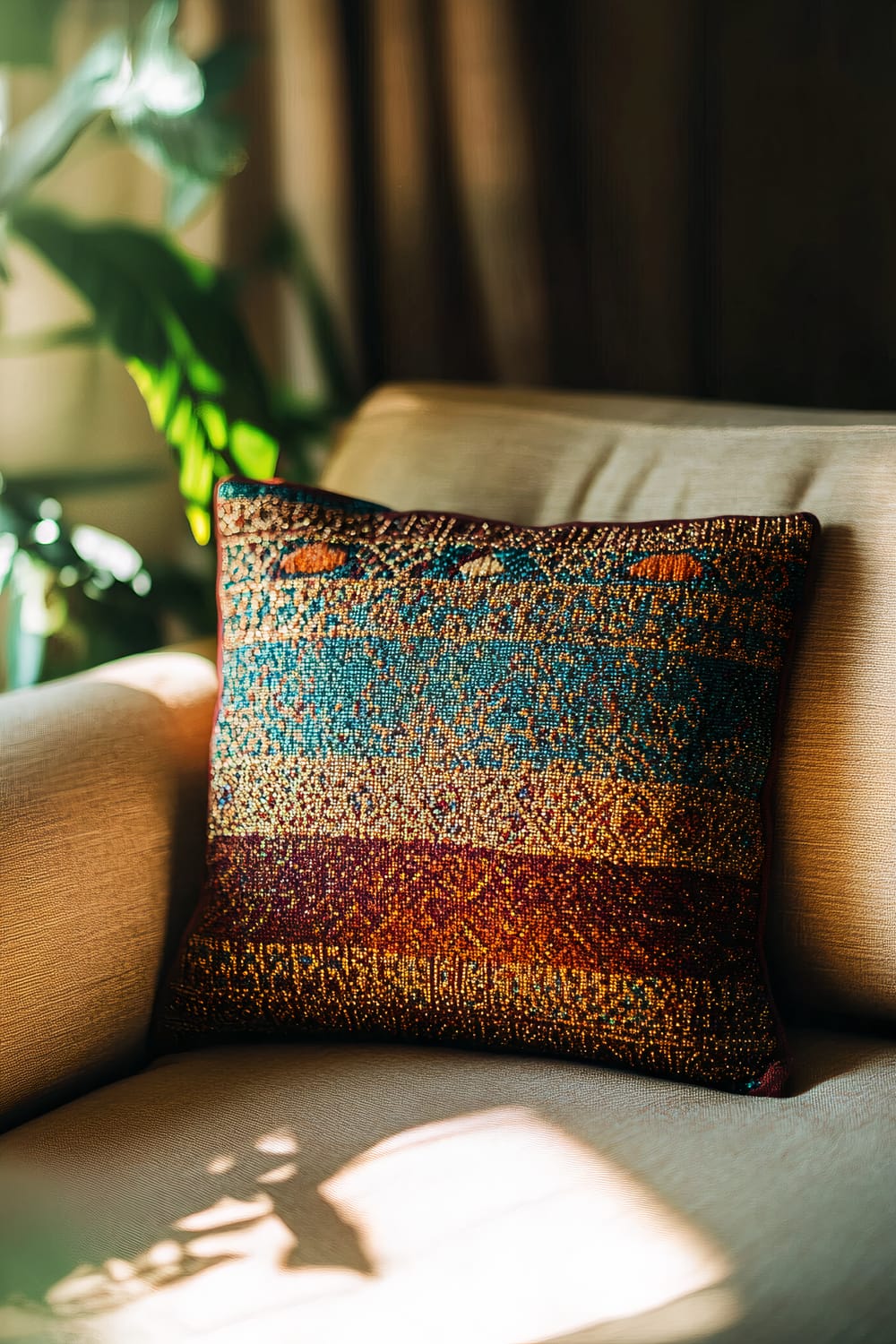 A throw pillow with intricate bead patterns in maroon, teal, and gold sits on a light beige sofa. The pillow features detailed, textured designs with various shades, adding a vibrant contrast to the neutral-toned furniture. A softly lit room with blurred backgrounds and green plants can be seen, drawing focus to the beaded pillow.