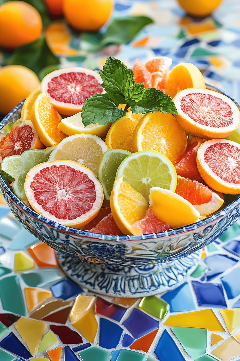 A vibrant, colorful centerpiece sitting on a table, driven by Barcelona-inspired design. It features a lively tile mosaic base in hues of bright blues, yellows, and reds with intricate patterns. Sitting on top of this mosaic is a clear glass bowl filled with sliced citrus fruits like oranges, lemons, and limes. Added for visual appeal and texture are sprigs of mint and small decorative ceramic tiles, all bathed in natural sunlight enhancing the playful colors and textures.