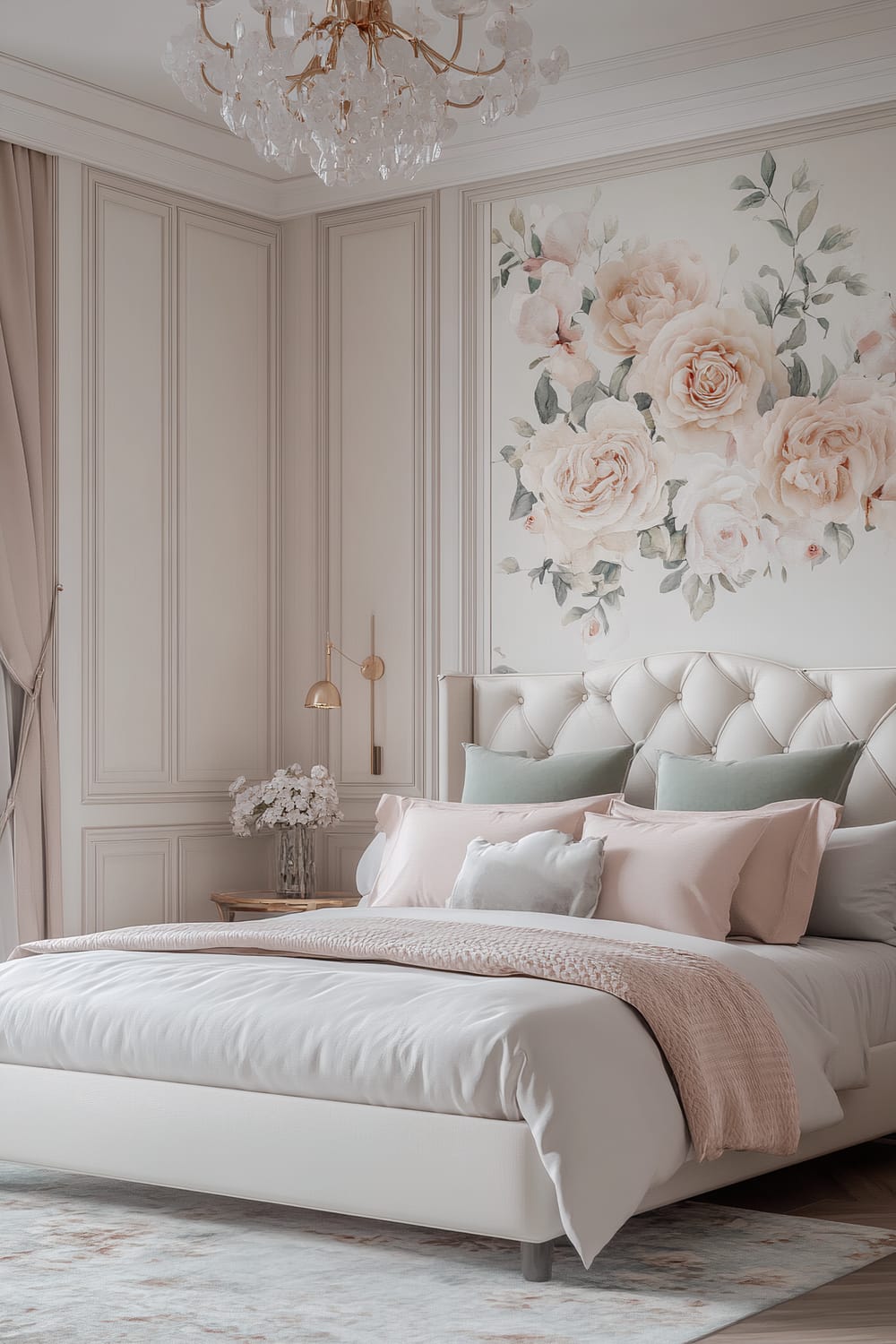 Elegant bedroom with a soft color palette, featuring a tufted headboard, pastel pillows, and a floral mural above the bed. A gold and crystal chandelier hangs from the ceiling. A bedside table has a vase with white flowers and a wall-mounted gold reading lamp.