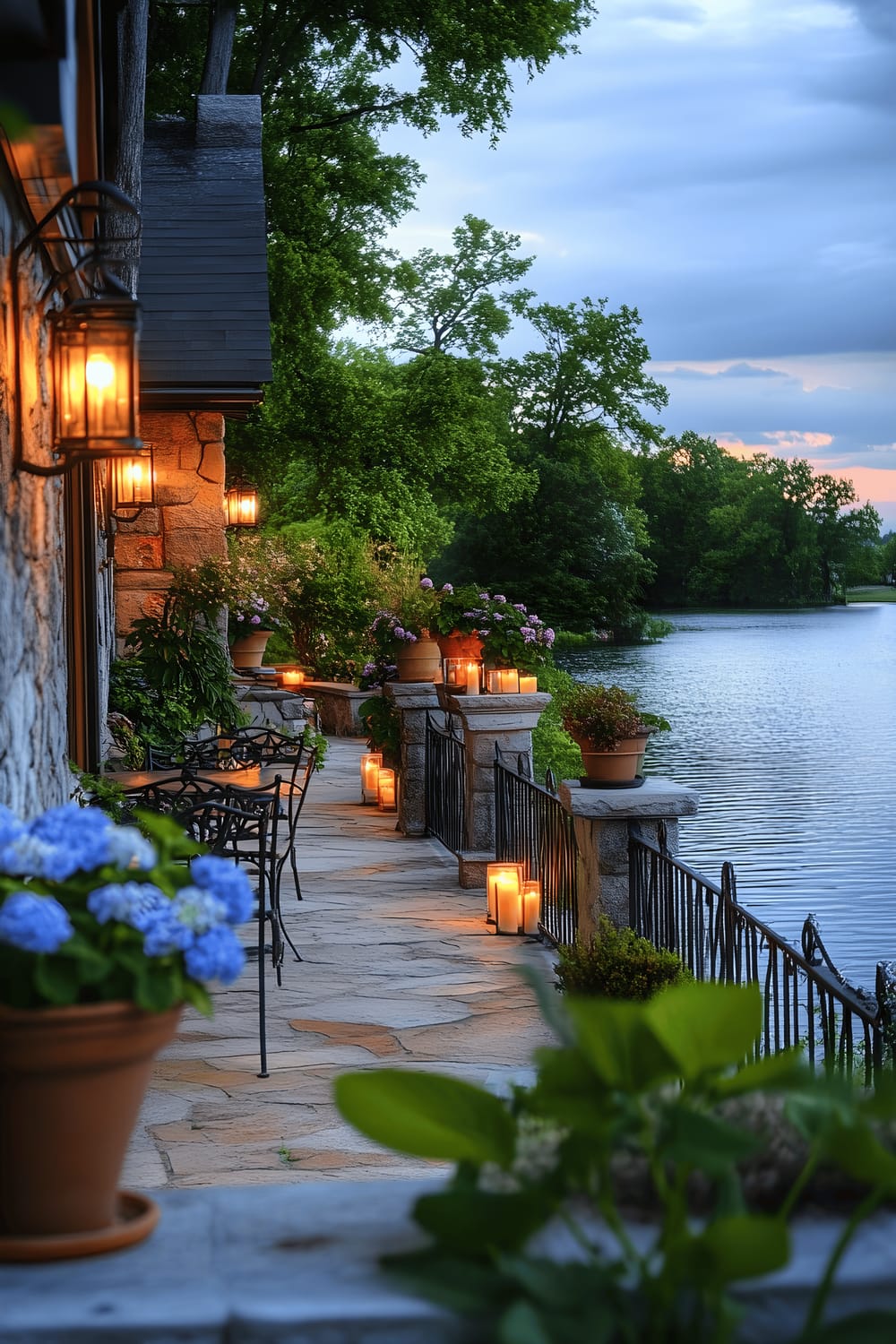 A serene backyard overlooking a tranquil lake at dusk. The yard features a stone terrace adorned with potted hydrangeas, a set of wrought-iron patio furniture consisting of four chairs and a table, and candles casting a warm, yellow light. The peaceful water reflects the soft glow of the candles, merging with the light specks of the houses on the opposite shore.