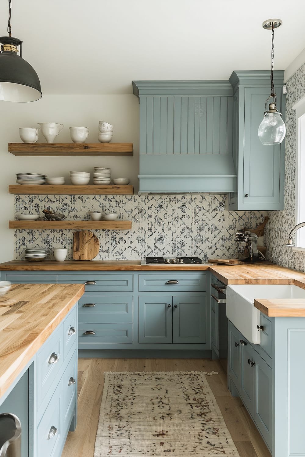 A kitchen interior featuring soft blue cabinetry with a natural wooden countertop. Open shelving made of natural wood displays a collection of white ceramic dishware. A patterned backsplash with blue floral motifs complements the cabinetry. The flooring is a light-colored wood and a rug with abstract patterns is positioned in the center. Overhead, a black pendant light and a clear glass pendant light add illumination.