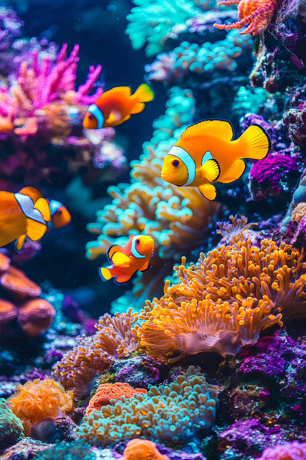 A close-up view of a tropical reef-themed fish tank. The tank features vivid neon-colored coral formations and a variety of saltwater fish, including clownfish and angelfish. The scene is illuminated by dramatic LED lighting, which enhances the vibrant colors of both the corals and the fish.