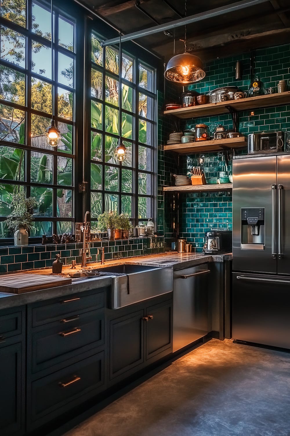 A moody farmhouse kitchen with dark charcoal cabinets, vibrant teal backsplash tiles, and large industrial windows. The space features a vintage farmhouse sink, open shelving with bold ceramic dishware, and stainless steel appliances including a refrigerator and dishwasher. The layered lighting creates a dynamic effect, combining natural and artificial sources.