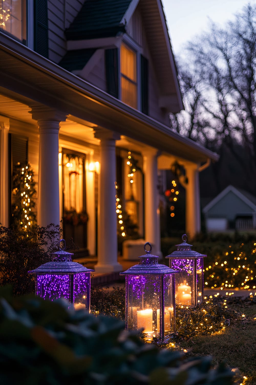 A festive cottage-style house adorned with deep purple and silver holiday lights. Large lanterns glowing warmly with candles are placed along the front porch, creating a welcoming atmosphere. The setting includes a serene suburban neighborhood with muted greenery and bare trees in the background, suggesting a winter scene.