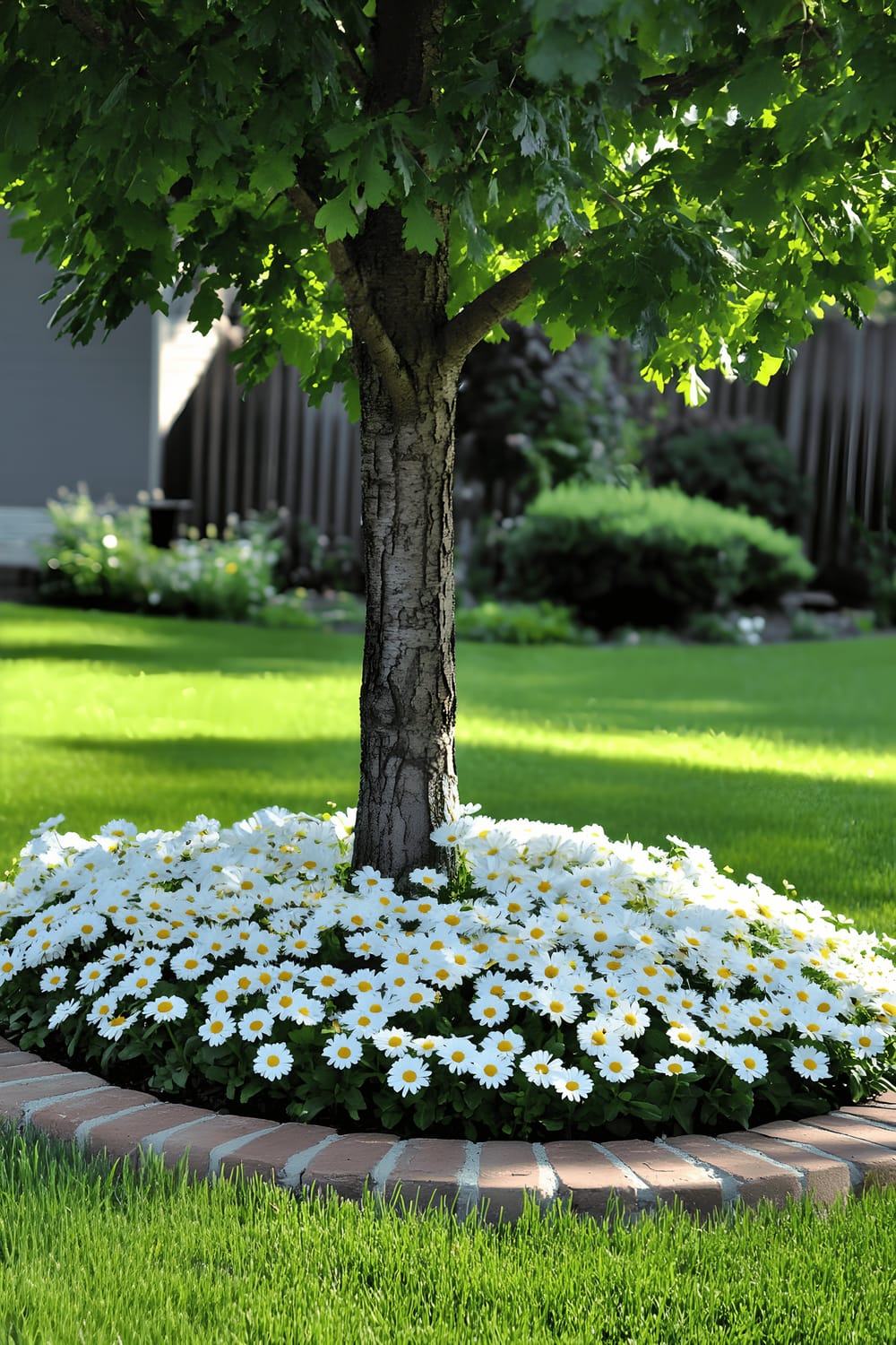 A vibrant outdoor scene focusing on a flower bed filled with blooming white daisies. The flower bed is surrounded by a lush, well-manicured green lawn. The overall image suggests an aesthetic of simplicity and natural beauty.