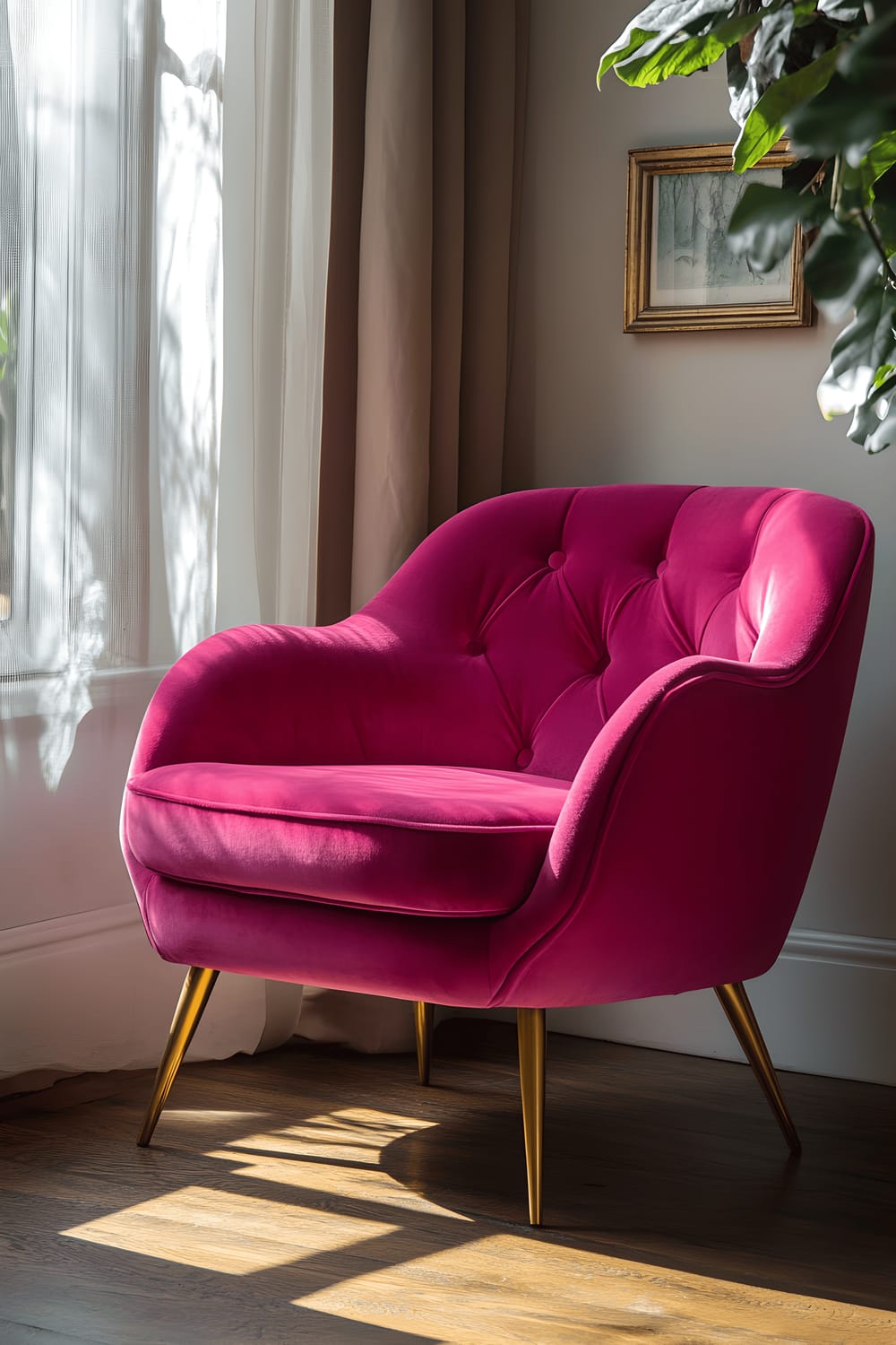 A vibrant fuchsia velvet DIY-upholstered armchair with vintage brass legs is beautifully placed in a well-lit corner. The room is filled with the soft glow of the afternoon light, creating a warm and inviting atmosphere.