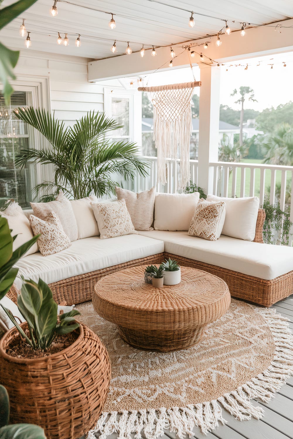 An outdoor patio featuring an L-shaped wicker sofa with white cushions and patterned throw pillows. A round wicker coffee table sits on a fringed rug in the center. Potted plants are scattered around, with string lights hanging above and a macramé wall hanging in the background.