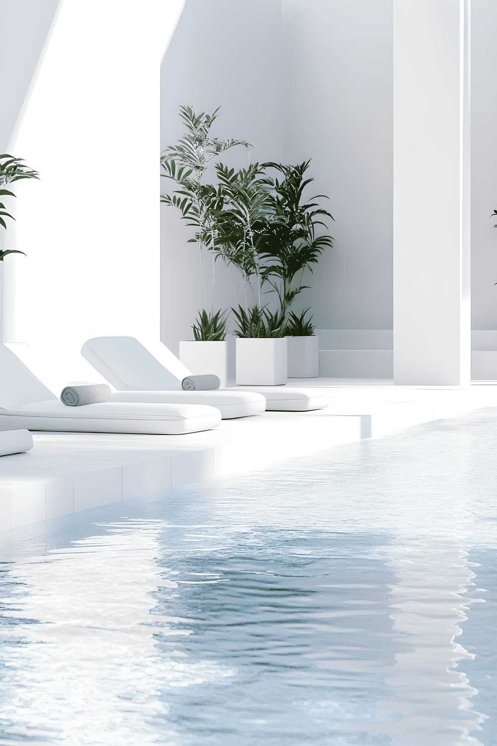 A minimalist modern pool area featuring white concrete decking, simple white loungers with soft grey cushions, and clear water reflecting a bright, midday sky. Subtle green plants in monochrome pots dot the perimeter of this serene setting, adding a touch of nature and organic contrasts to the strictly geometric lines.