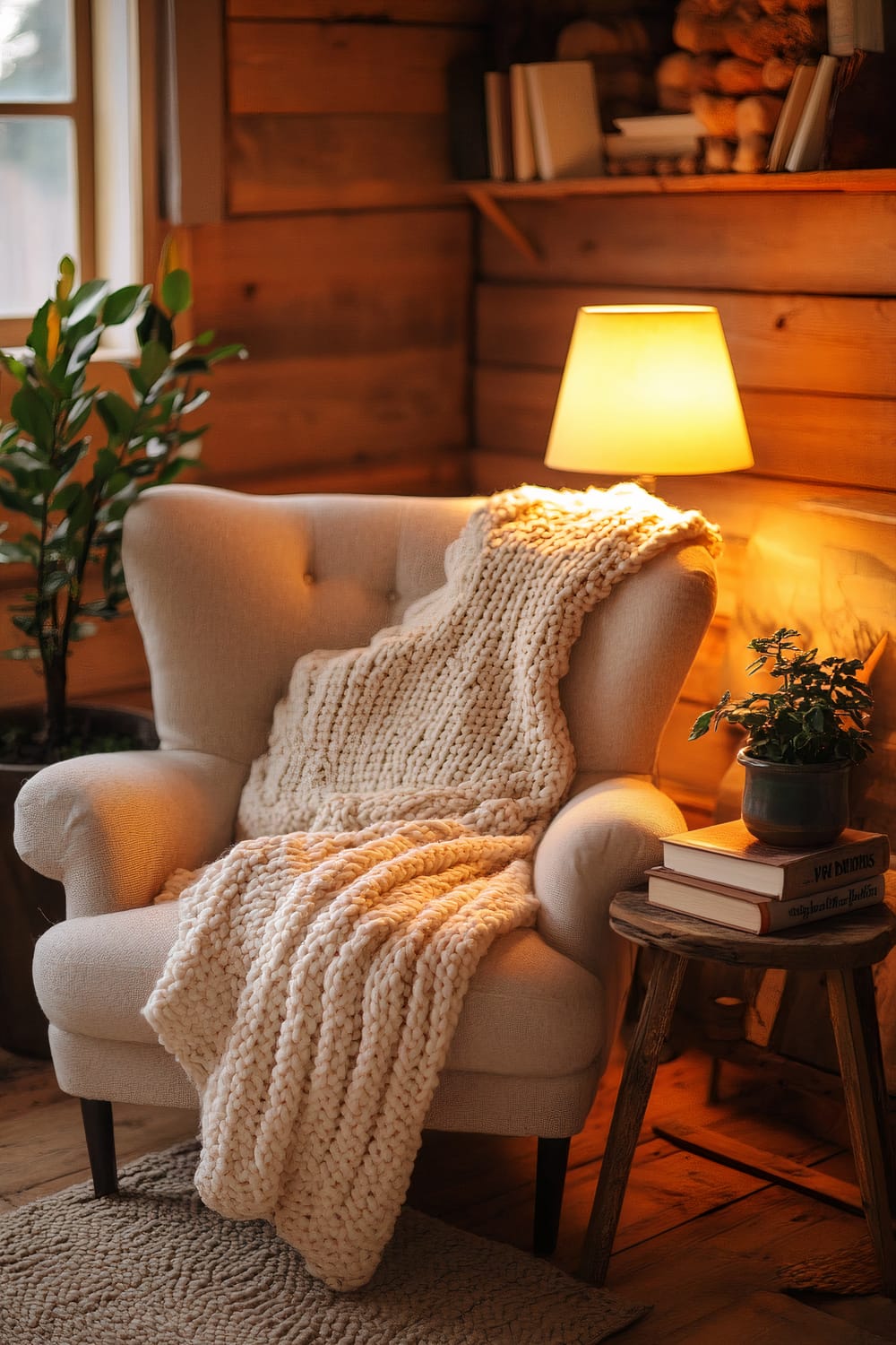 A cozy nook in a pole barn loft featuring a plush armchair draped with a thick knitted blanket. A small wooden side table nearby holds a lamp, two stacked books, and a potted plant. Warm lighting and rich wooden walls enhance the inviting atmosphere.