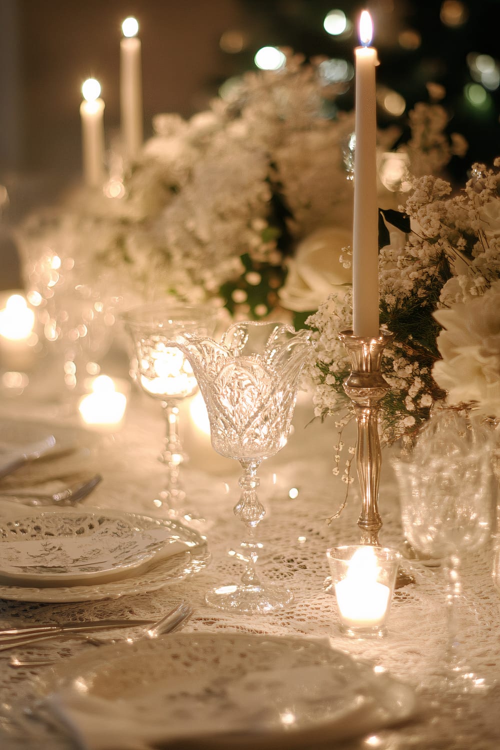 A close-up view of a nostalgic Christmas dinner table setup, featuring vintage white china with intricate designs, antique silverware, and classic crystal glassware. The table is covered with a white lace tablecloth and adorned with white floral arrangements and soft candlelight from antique silver candle holders. The warm glow from the candles enhances the timeless holiday atmosphere.