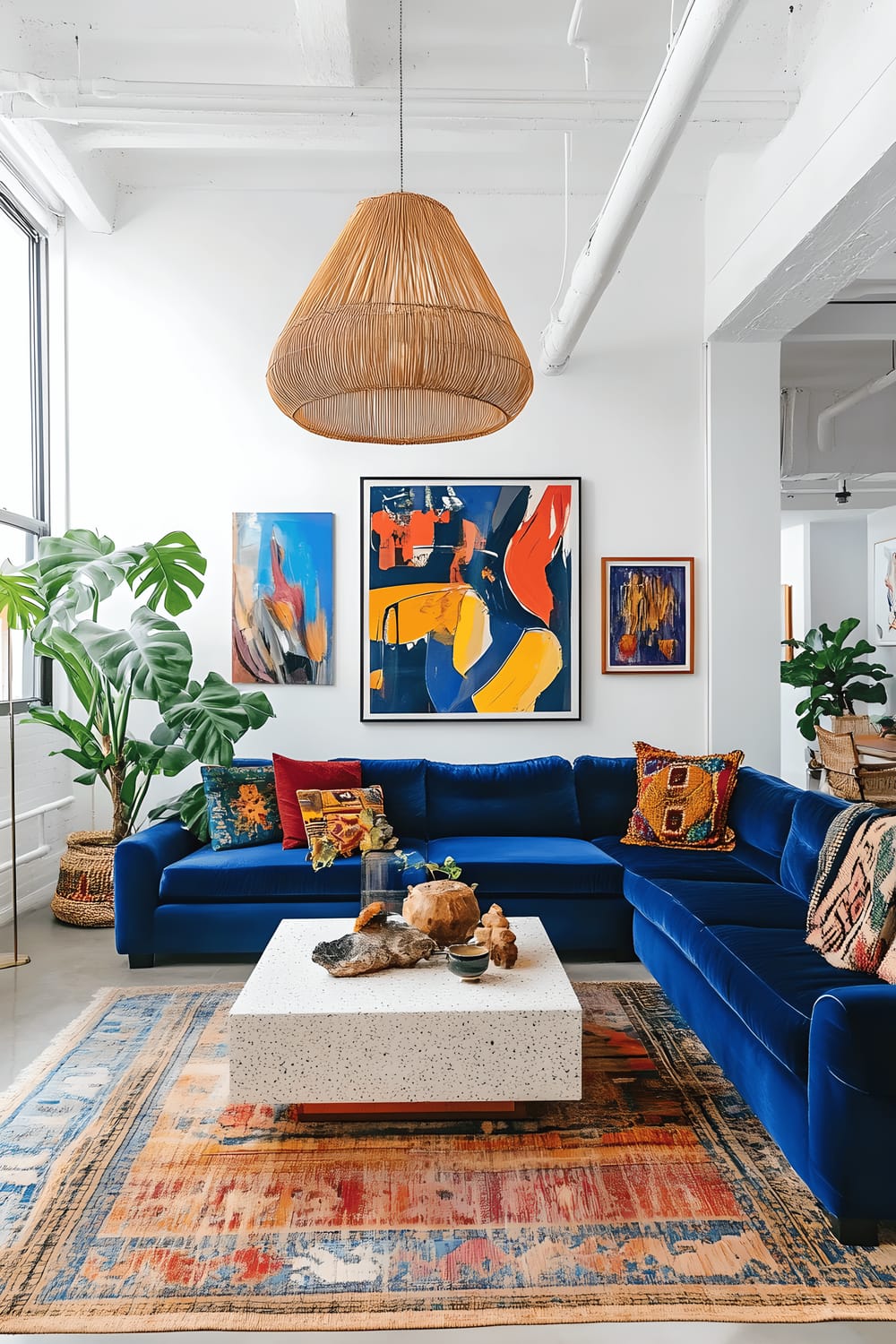 A vibrant and eclectic loft space showcasing a bold design scheme. A cobalt blue velvet sectional is the focal point, complimented by an oversized rattan pendant light and a terrazzo coffee table. The mix of vintage and modern furniture pieces, as well as the bold abstract paintings adorning the walls, add a unique edge to the loft.