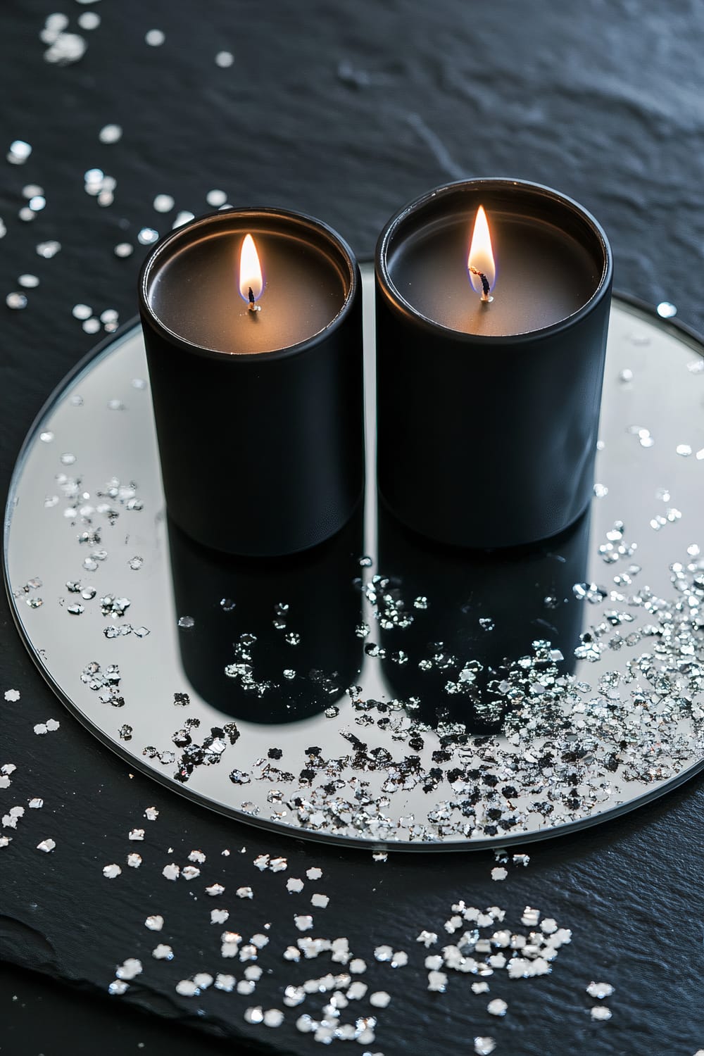 Two black candles are placed symmetrically on a round mirror. The setup includes scattered silver confetti on a dark slate surface, with spotlighting emphasizing the arrangement.