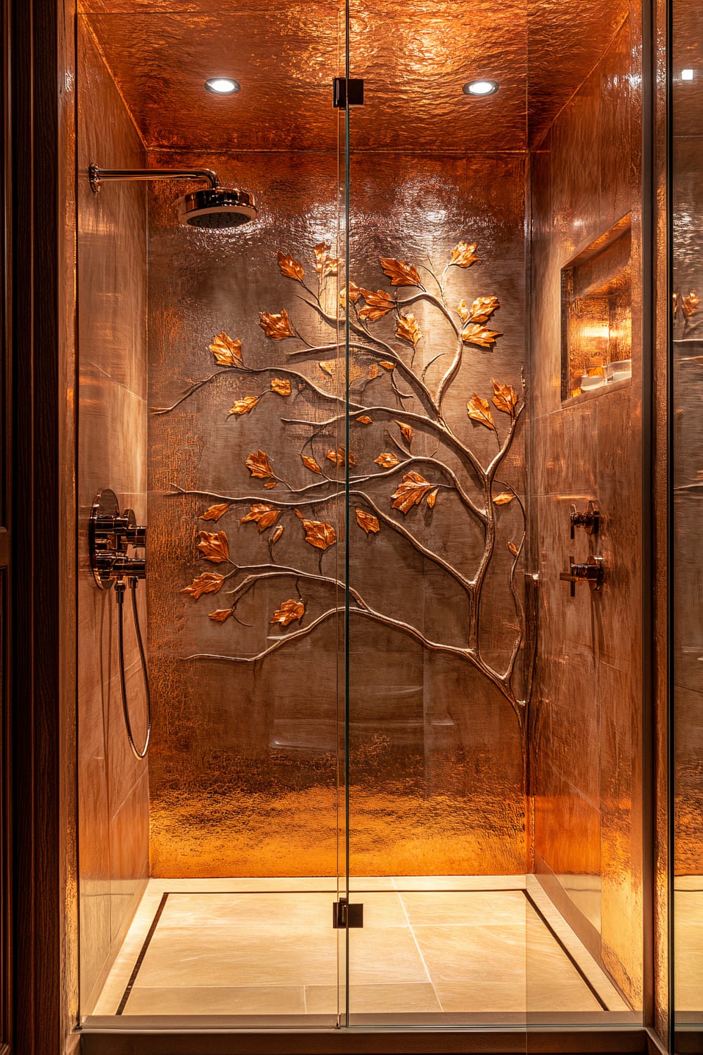 This image shows an elegant, enclosed shower space featuring glass doors and a striking metallic tree sculpture as the focal point. The shower walls are adorned with a textured, copper-colored material, giving off a warm, reflective sheen. The tree sculpture is intricately detailed, with branches and leaves extending across the back wall, adding a touch of nature-inspired artistry. The floor is made of light-colored stone tiles. Overhead, built-in spotlights illuminate the space, enhancing the luxurious atmosphere.